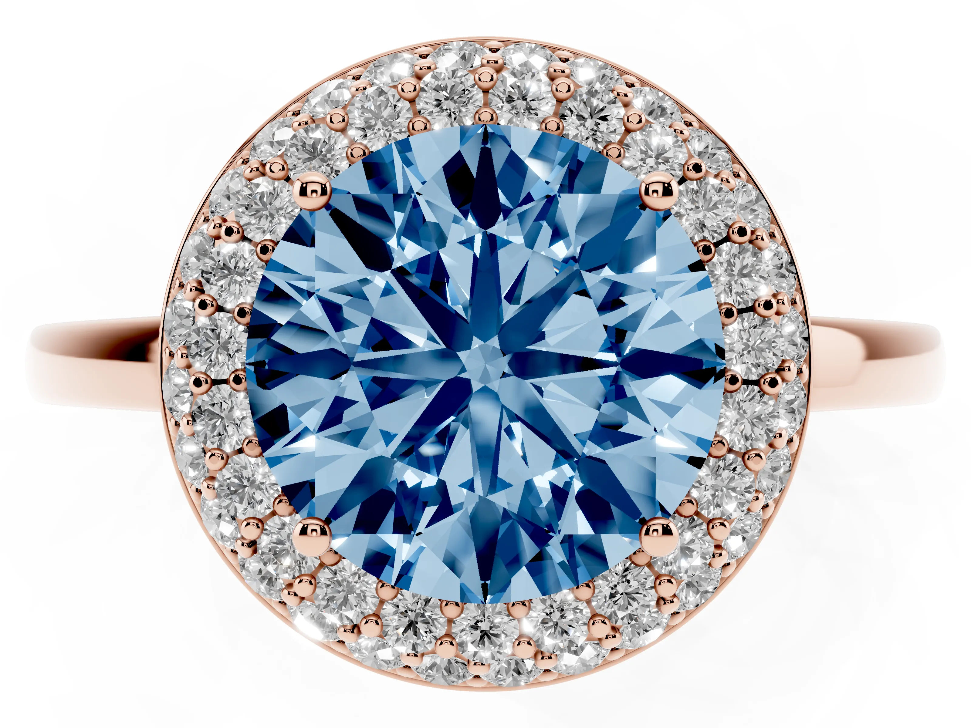 Fancy Blue Round Cut Diamond Halo Engagement Ring Set in Rose gold with Solitaire Band and Prong Setting
