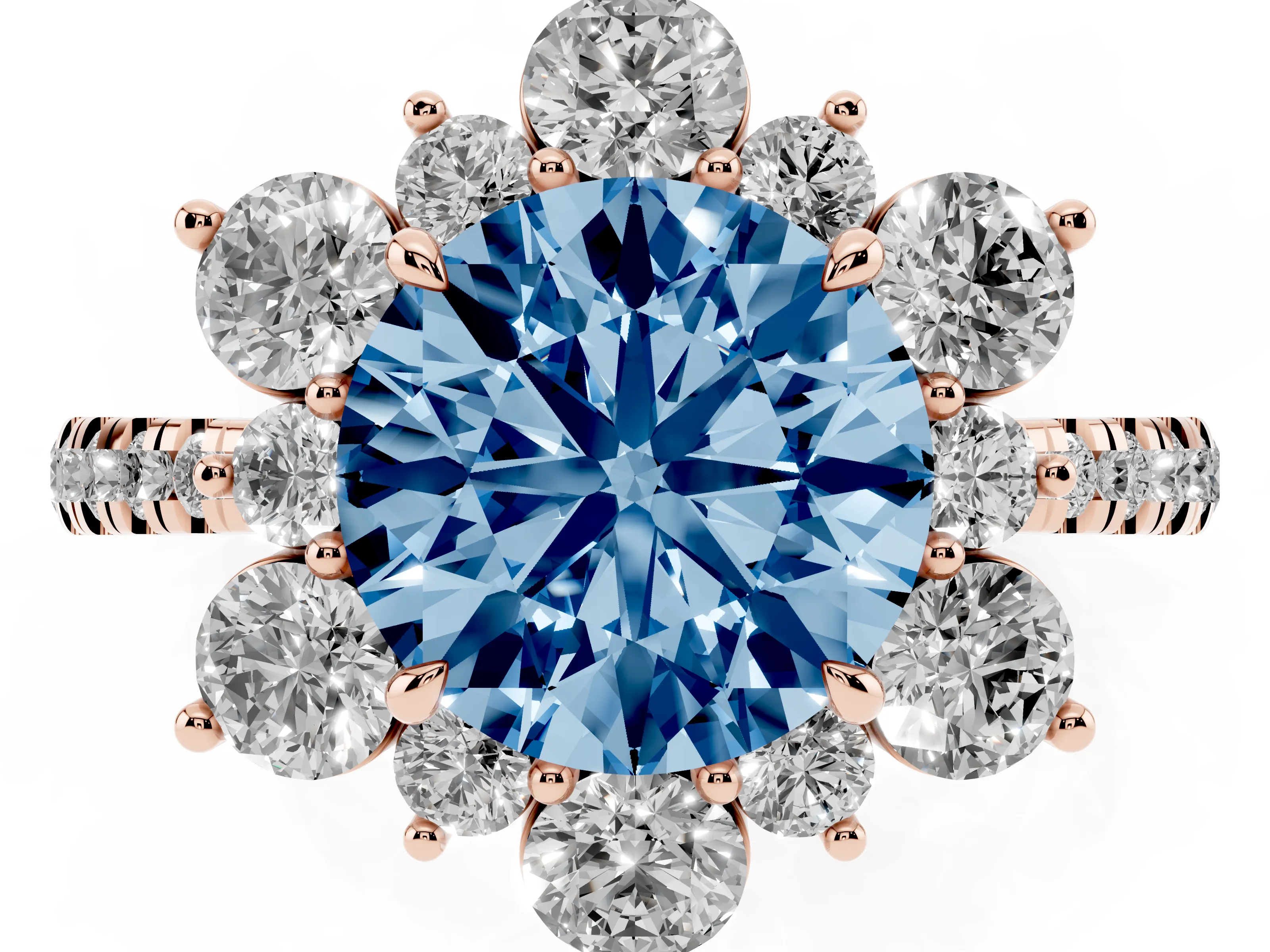 Fancy Blue Round Cut Diamond Floral Halo Ring Set in Rose gold with Round Pavé Band and Prong Setting