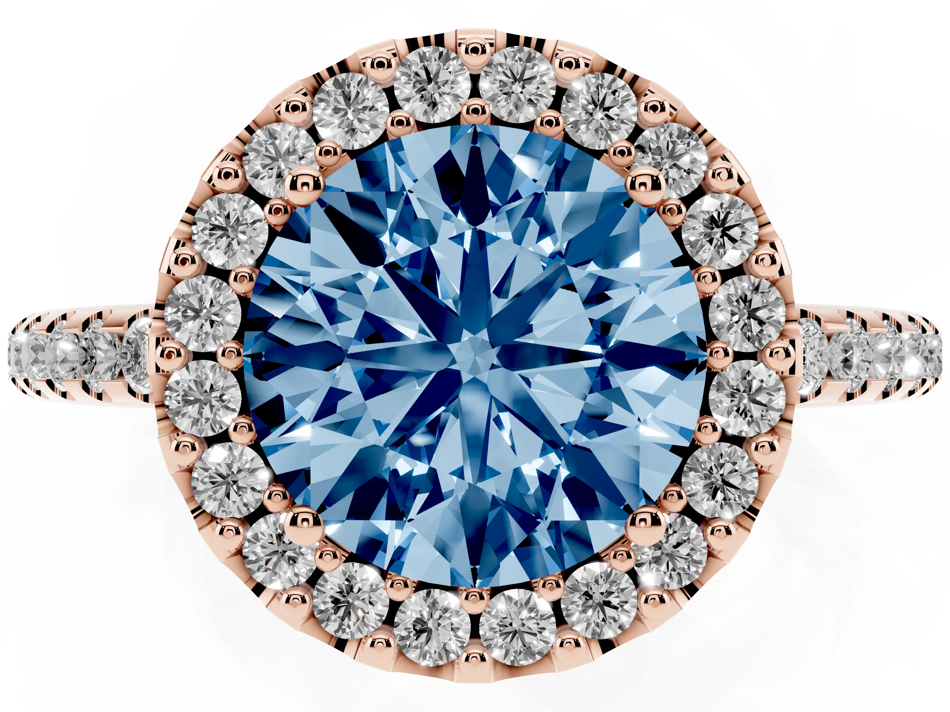 Fancy Blue Round Cut Diamond Pavé Halo Ring Set in Rose gold with Prong Setting