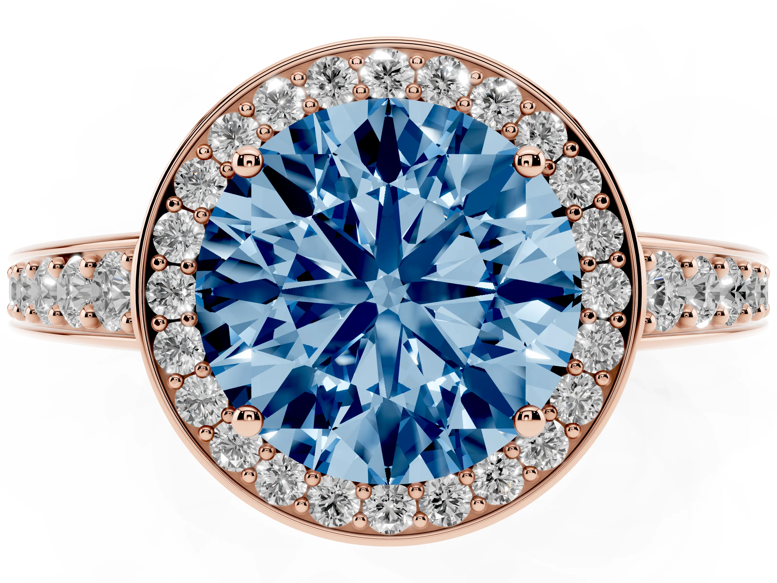 Fancy Blue Round Cut Diamond Halo Pavé Engagement Ring Set in Rose gold with Bezel Setting