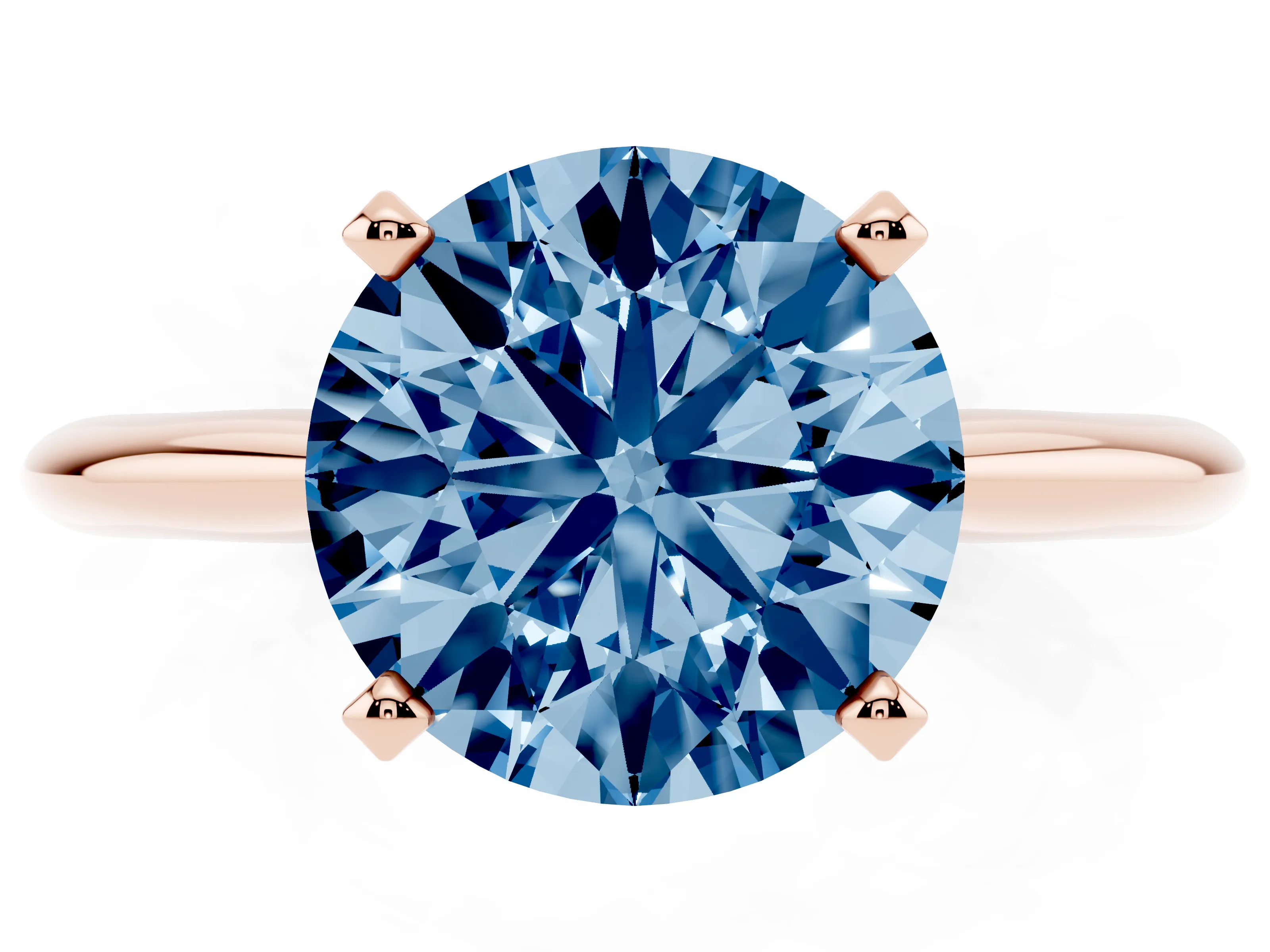 Fancy Blue Round Cut Diamond Solitaire Ring Set in Rose gold with Prong Setting on a Plain Round Band