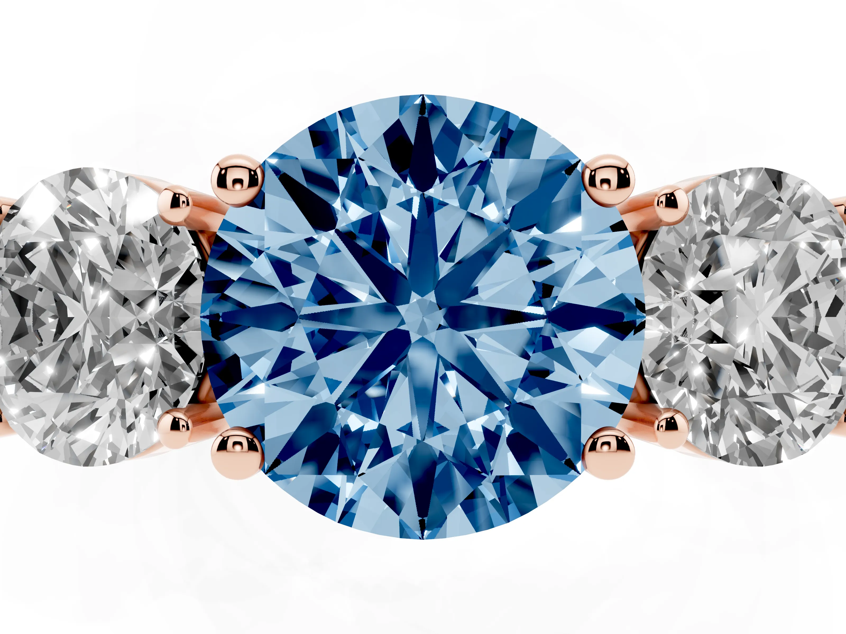 Fancy Blue Round Cut Diamond Three-Stone Engagement Ring Set in Rose gold with Flat Band