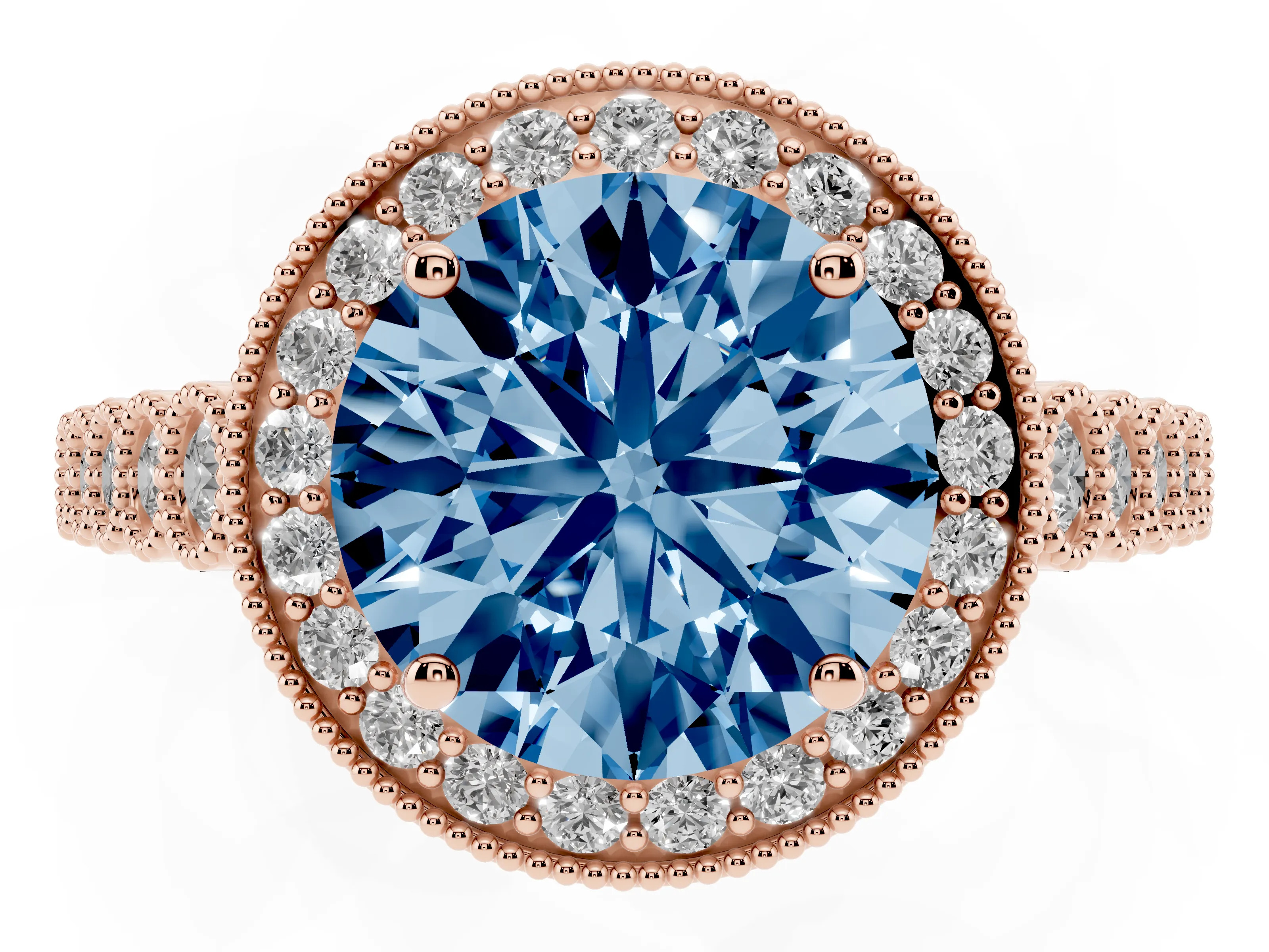 Fancy Blue Round Cut Diamond Milgrain Halo Solitaire Ring Set in Rose gold with Bezel Set Side Stones and Pavé Band