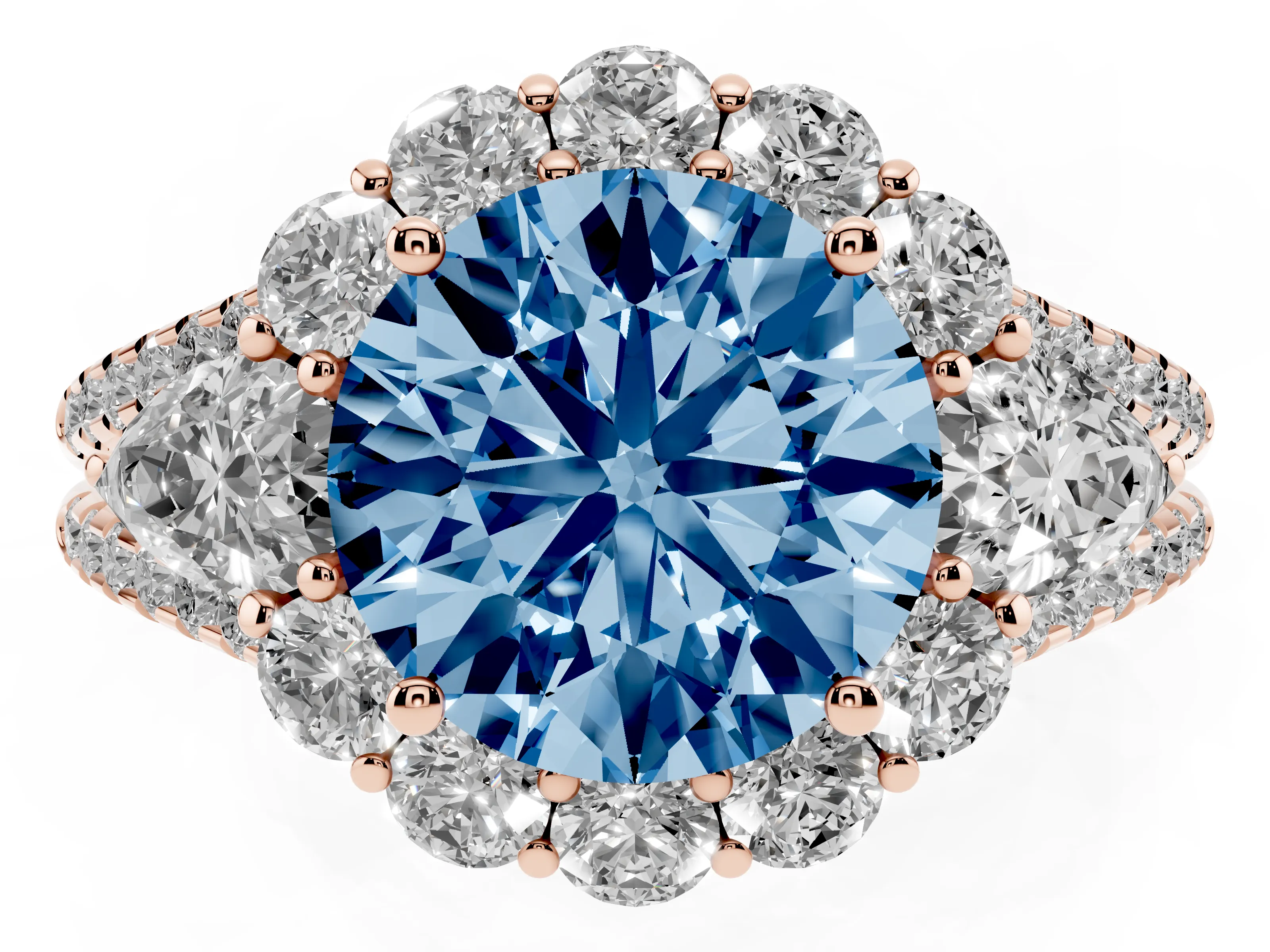 Fancy Blue Round Cut Diamond Halo Split Shank Engagement Ring Set in Rose gold with Prong-Held Center Stone