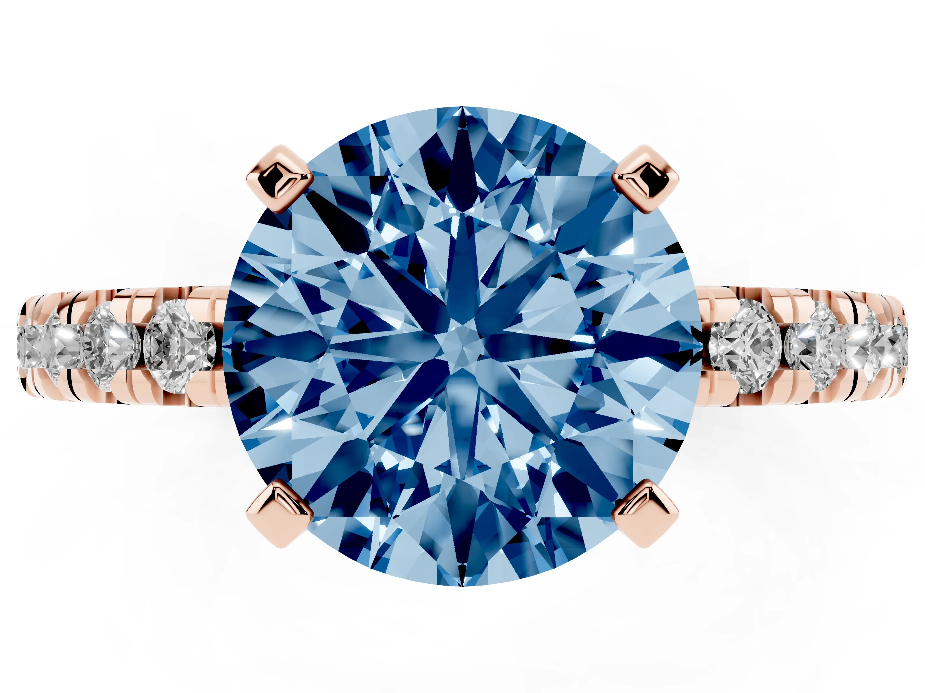 Fancy Blue Round Cut Diamond Solitaire Pavé Engagement Ring Set in Rose gold with Round Band and Prong Setting