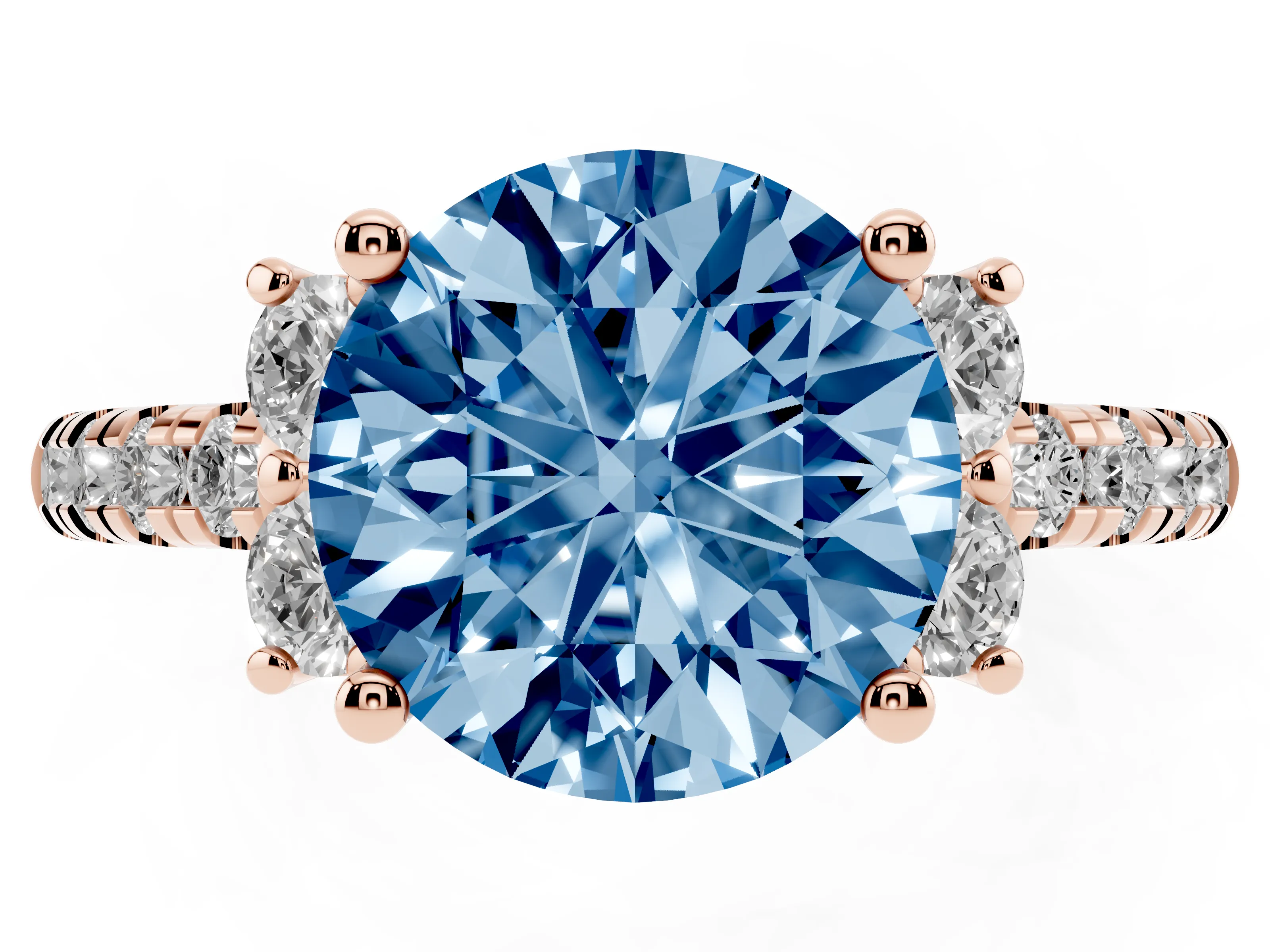 Fancy Blue Round Cut Diamond Three-Stone Pavé Ring Set in Rose gold with Prong Setting