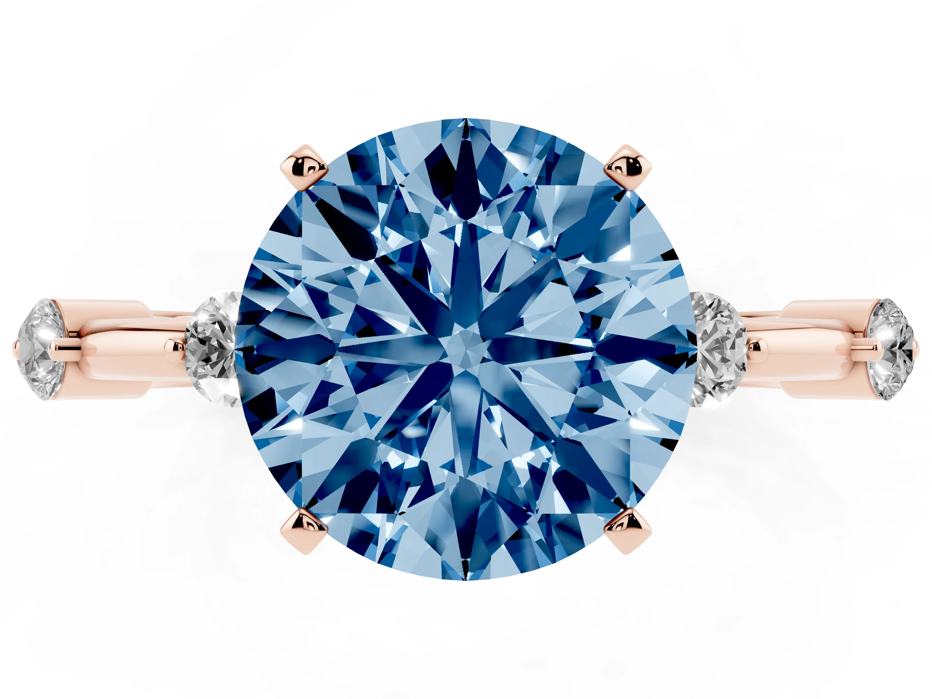 Fancy Blue Round Cut Diamond Solitaire Ring Set in Rose gold with Bezel Set Side Stones and Prong Setting
