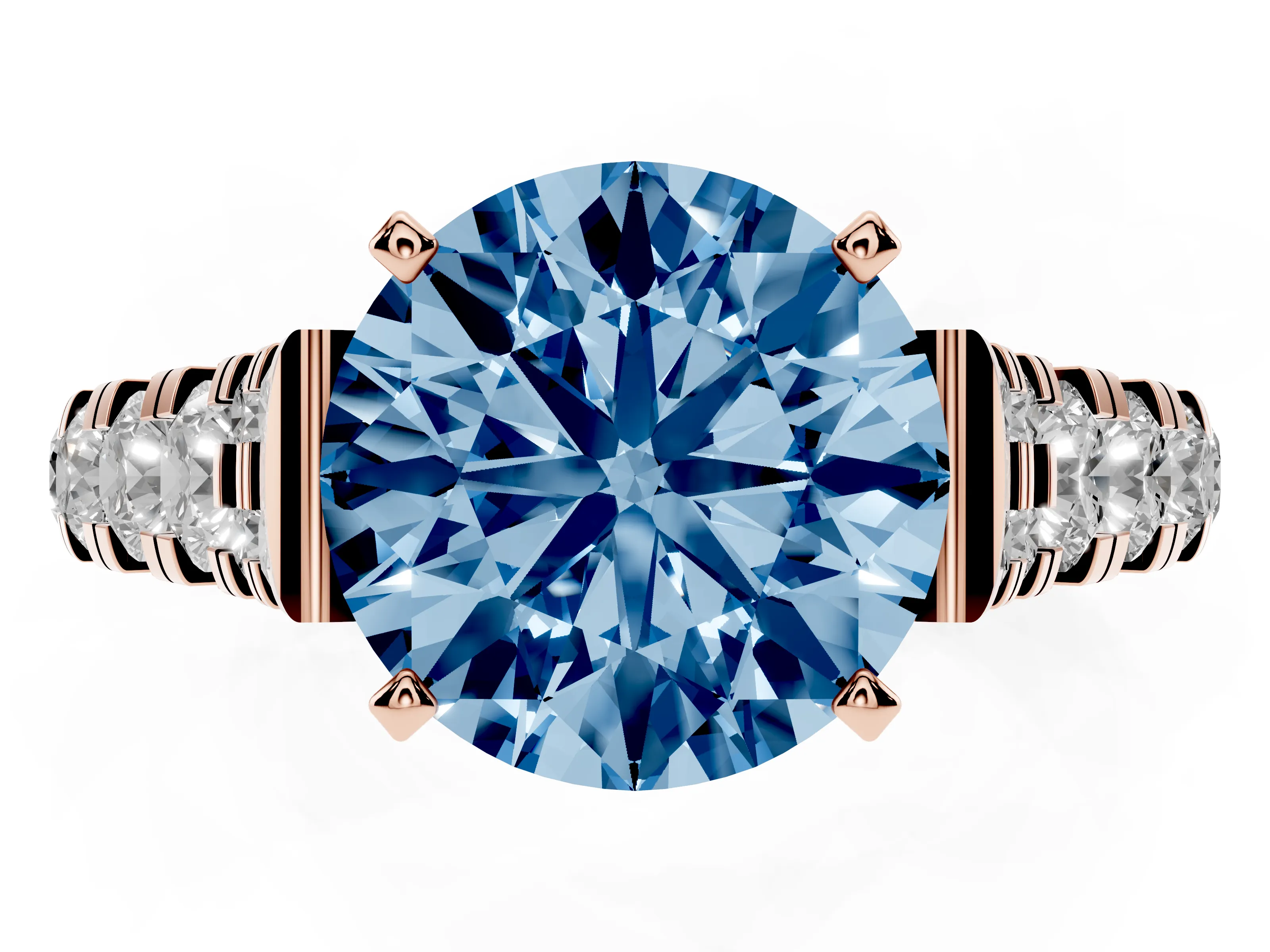 Fancy Blue Round Cut Diamond Classic Solitaire Ring Set in Rose gold with Pavé Band and Prong Setting
