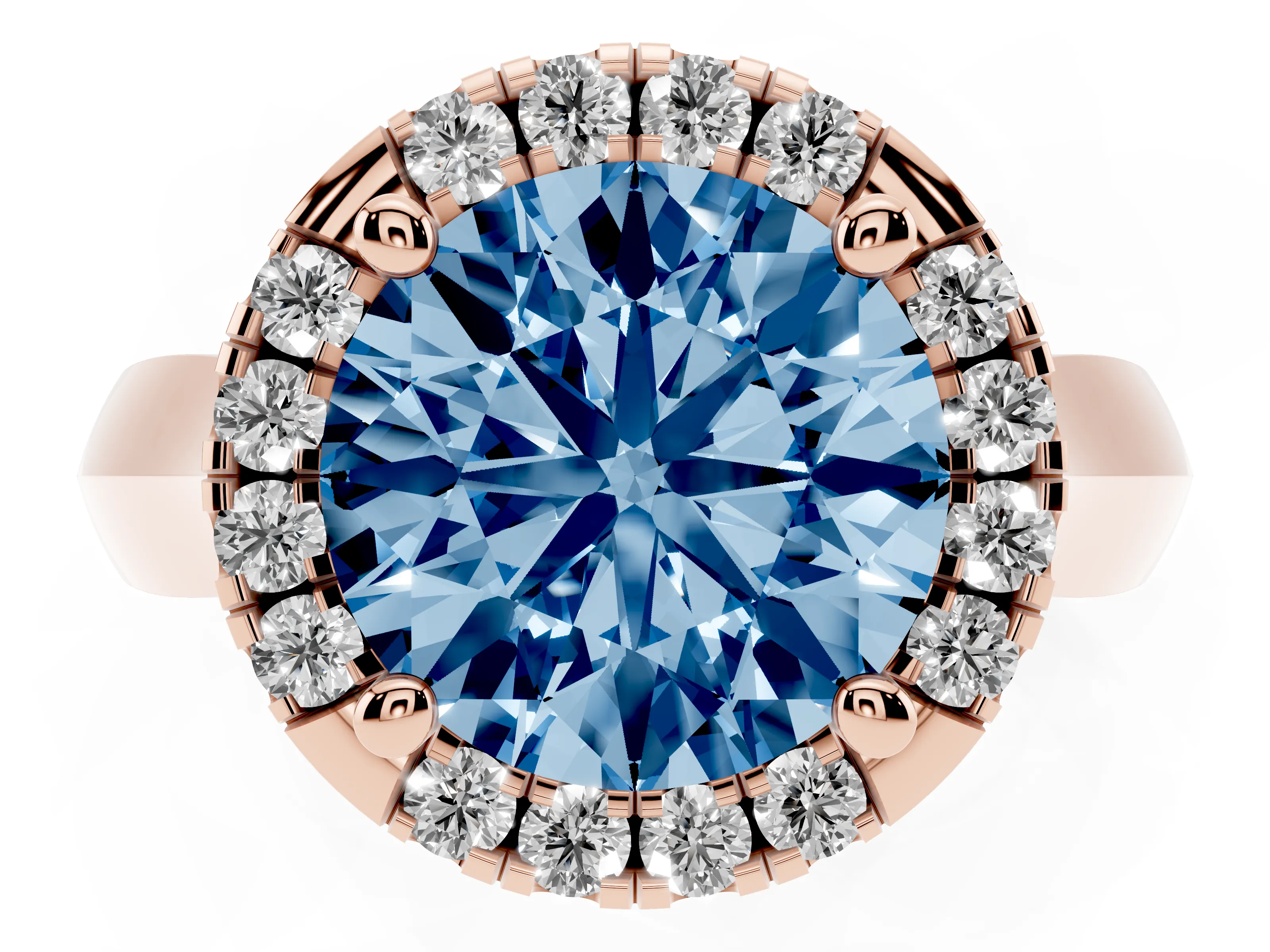 Fancy Blue Round Cut Diamond Halo Solitaire Engagement Ring Set in Rose gold with Square Band and Prong Setting