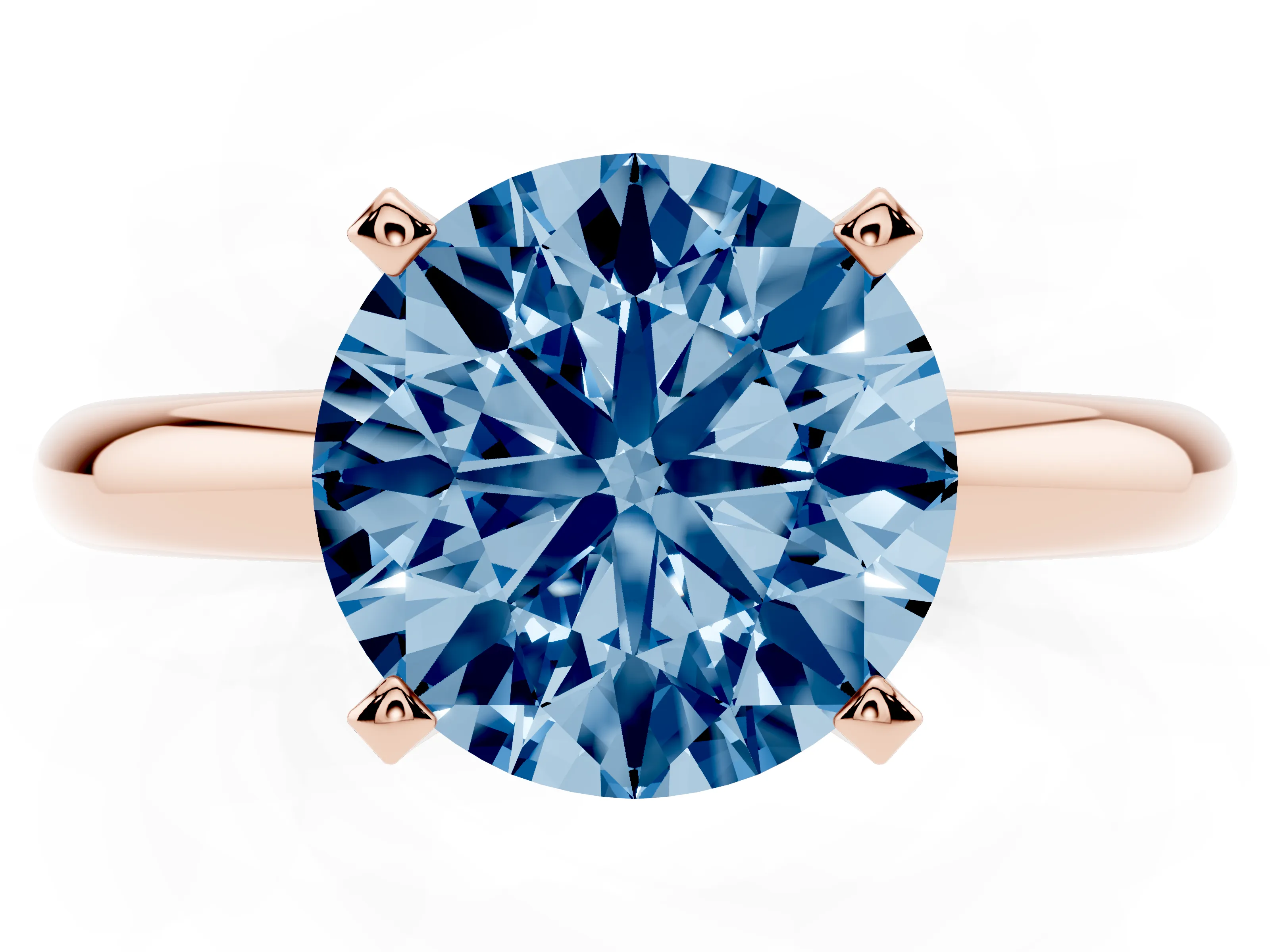 Fancy Blue Round Cut Diamond Solitaire Engagement Ring Set in Rose gold with Round Band and Prong Setting