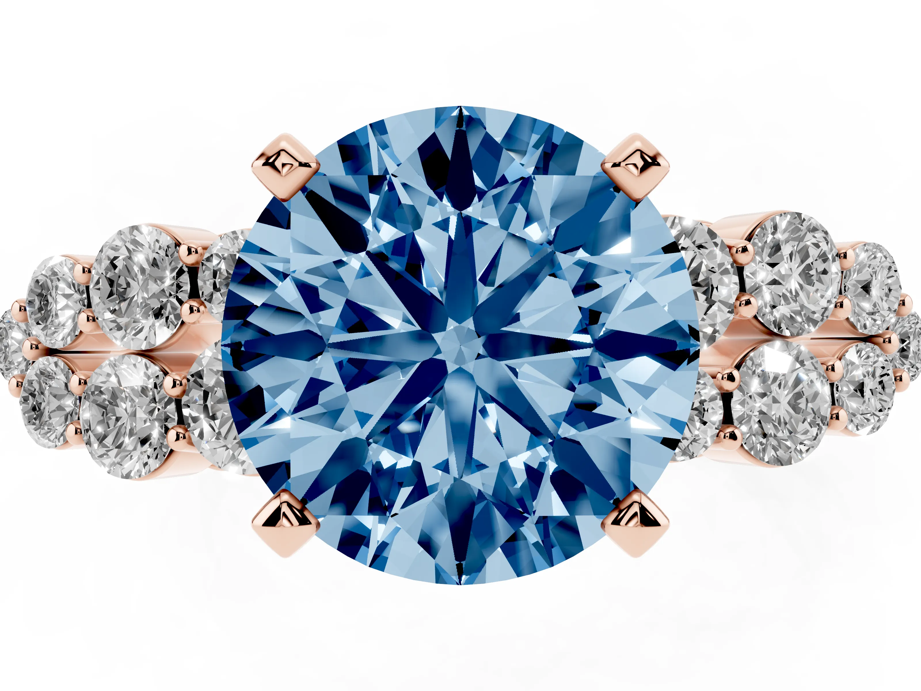 Fancy Blue Round Cut Diamond Cluster Engagement Ring Set in Rose gold with Pavé Band and Prong Setting