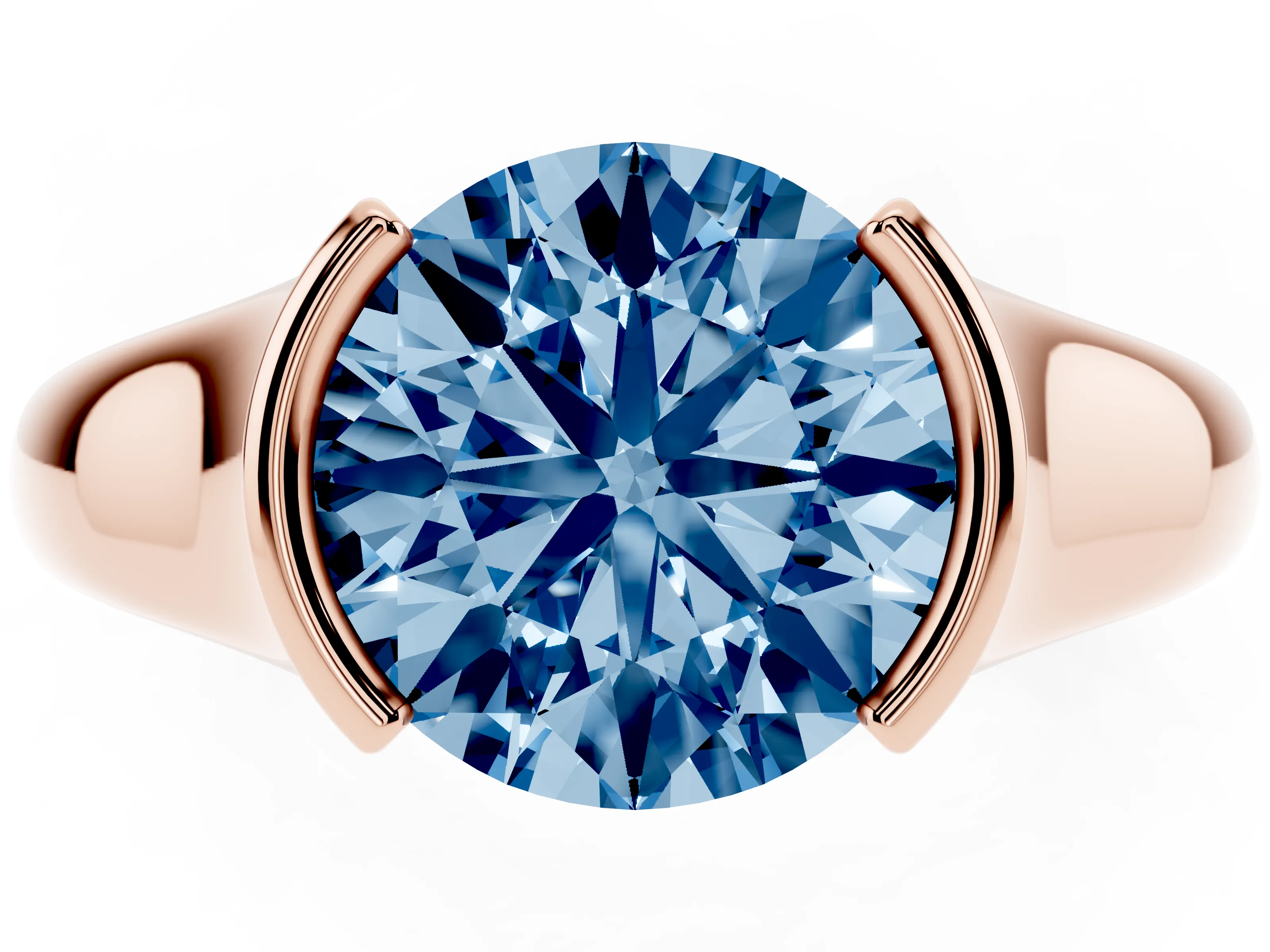 Fancy Blue Round Cut Diamond Solitaire Tension Set Ring Set in Rose gold with Split Shank Band