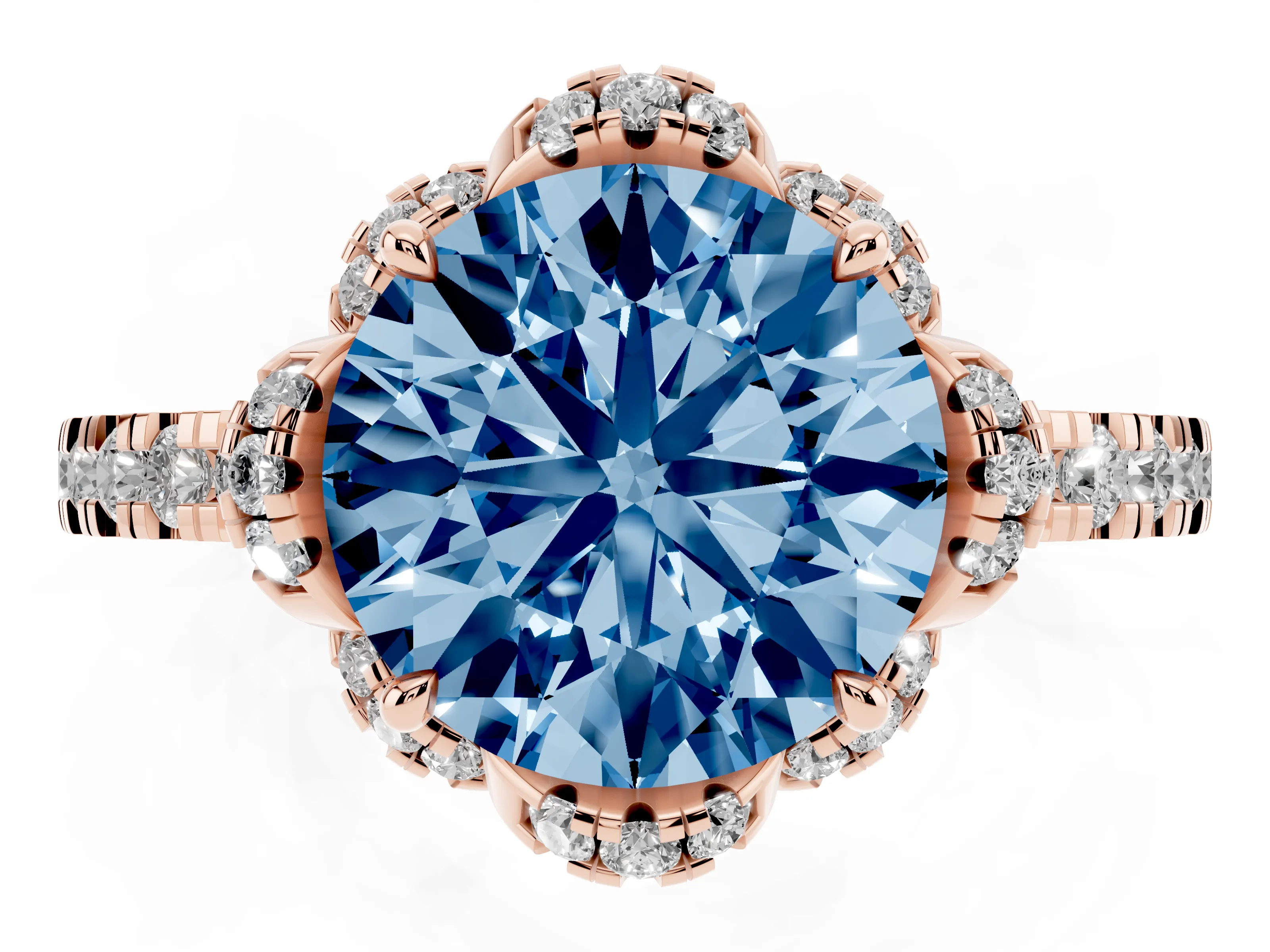 Fancy Blue Round Cut Diamond Halo Pavé Band Ring Set in Rose gold with Prong-Held Center