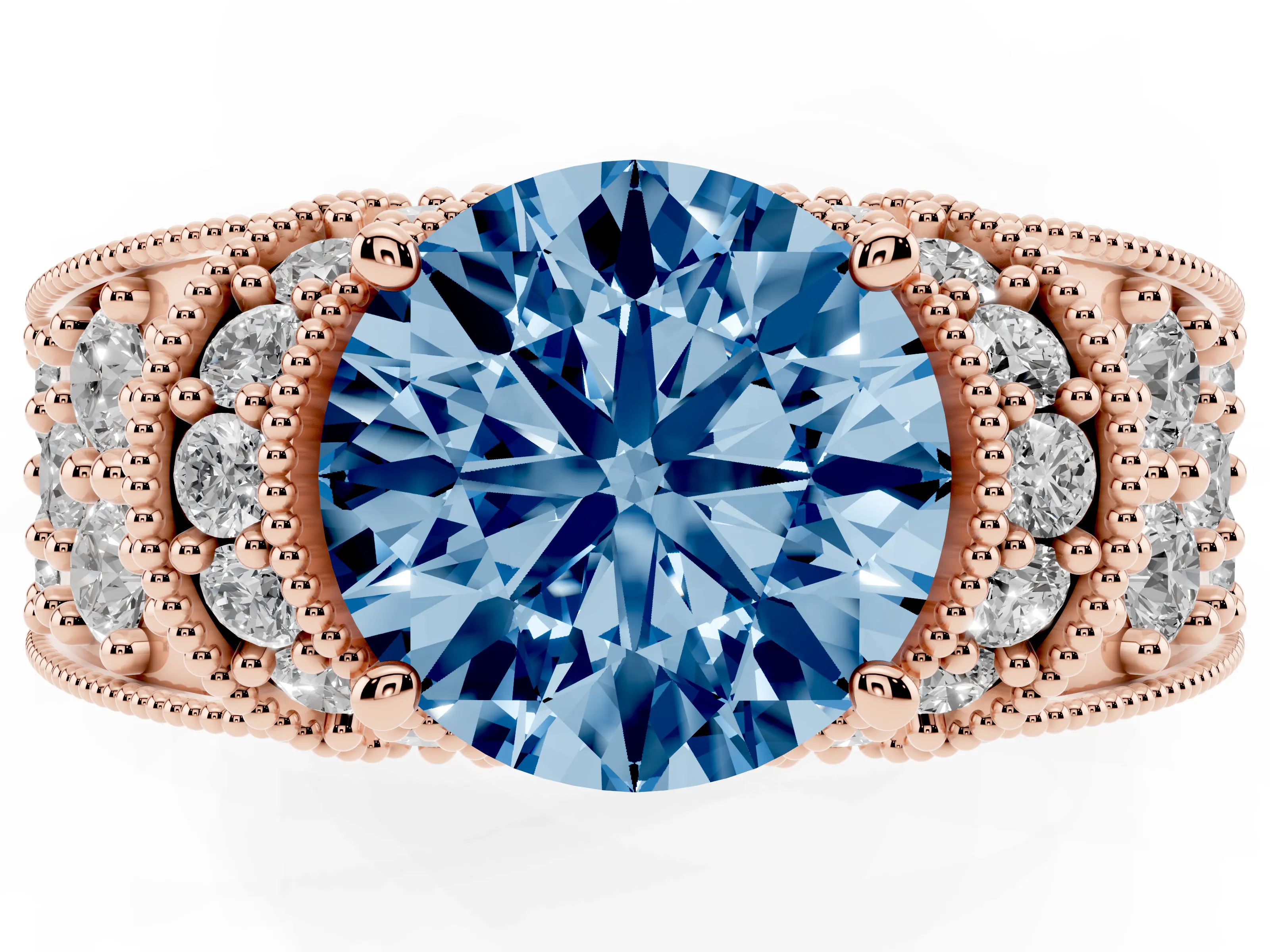 Fancy Blue Round Cut Diamond Milgrain Halo Pavé Engagement Ring Set in Rose gold with Prong Setting