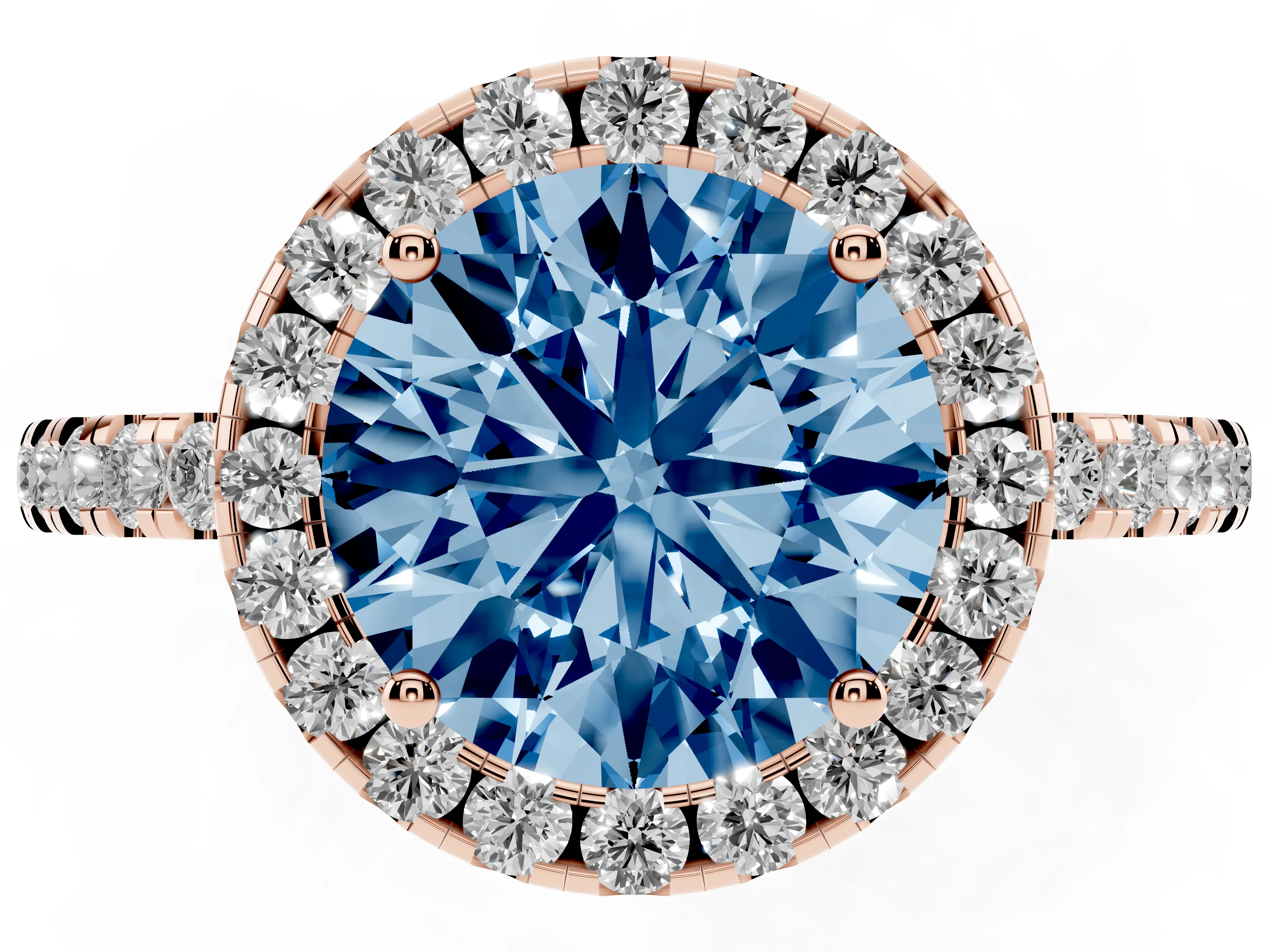 Fancy Blue Round Cut Diamond Pavé Band Halo Engagement Ring Set in Rose gold with Prong Setting