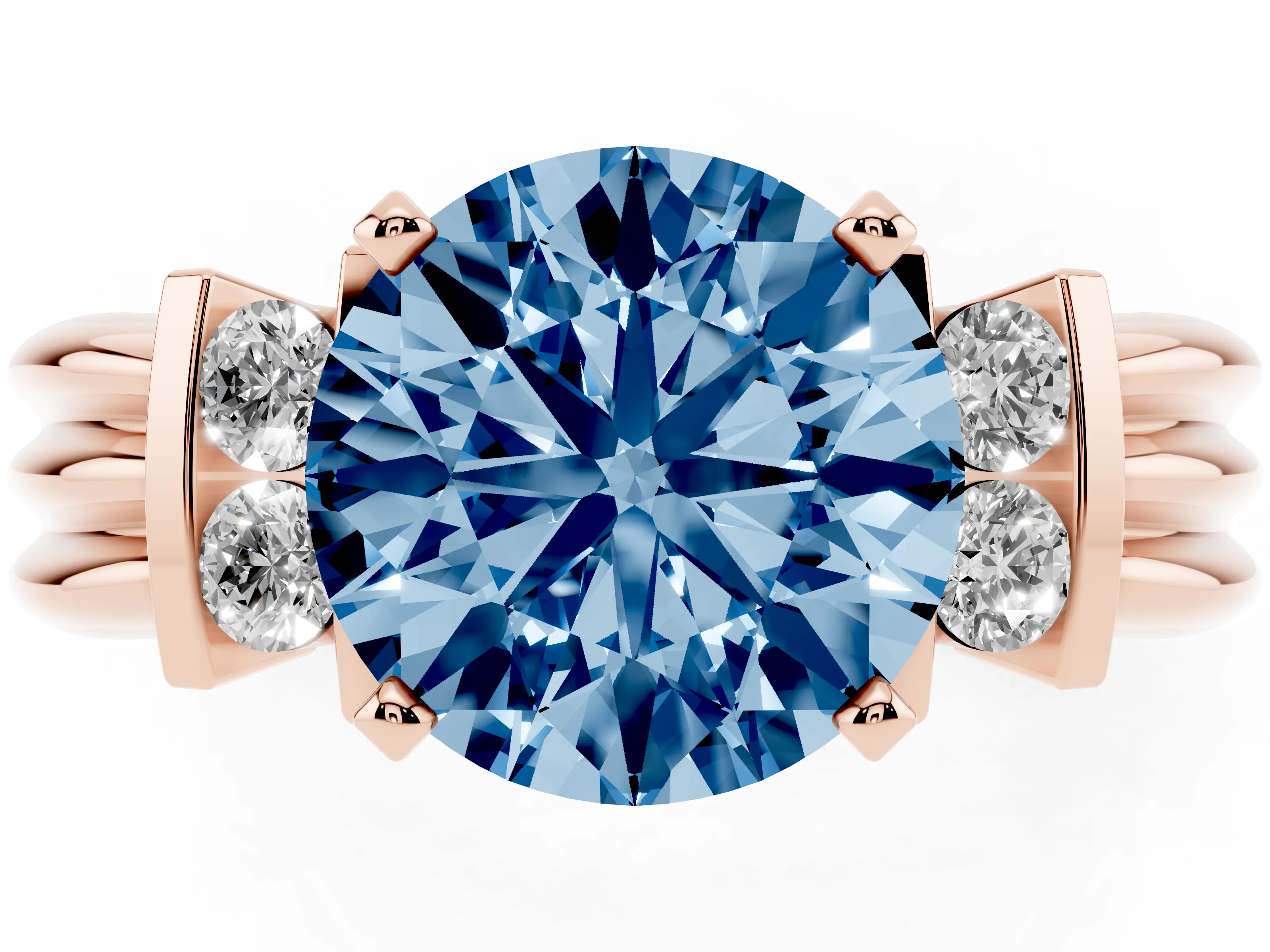Fancy Blue Three-Stone Round Cut Diamond Channel Set Ring Set in Rose gold with Bar Prongs