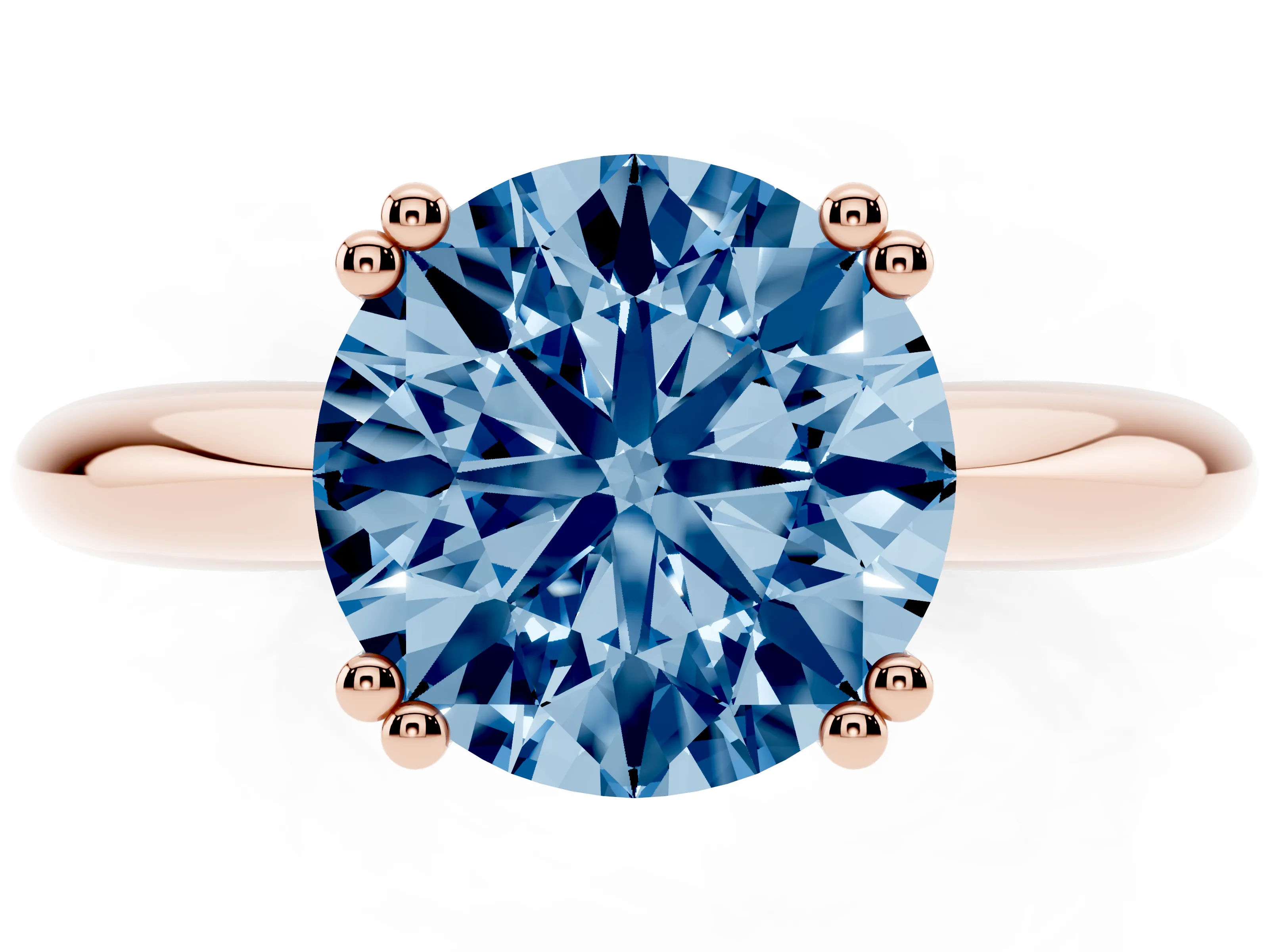 Fancy Blue Round Cut Diamond Solitaire Engagement Ring Set in Rose gold with Tapered Band and Prong Setting