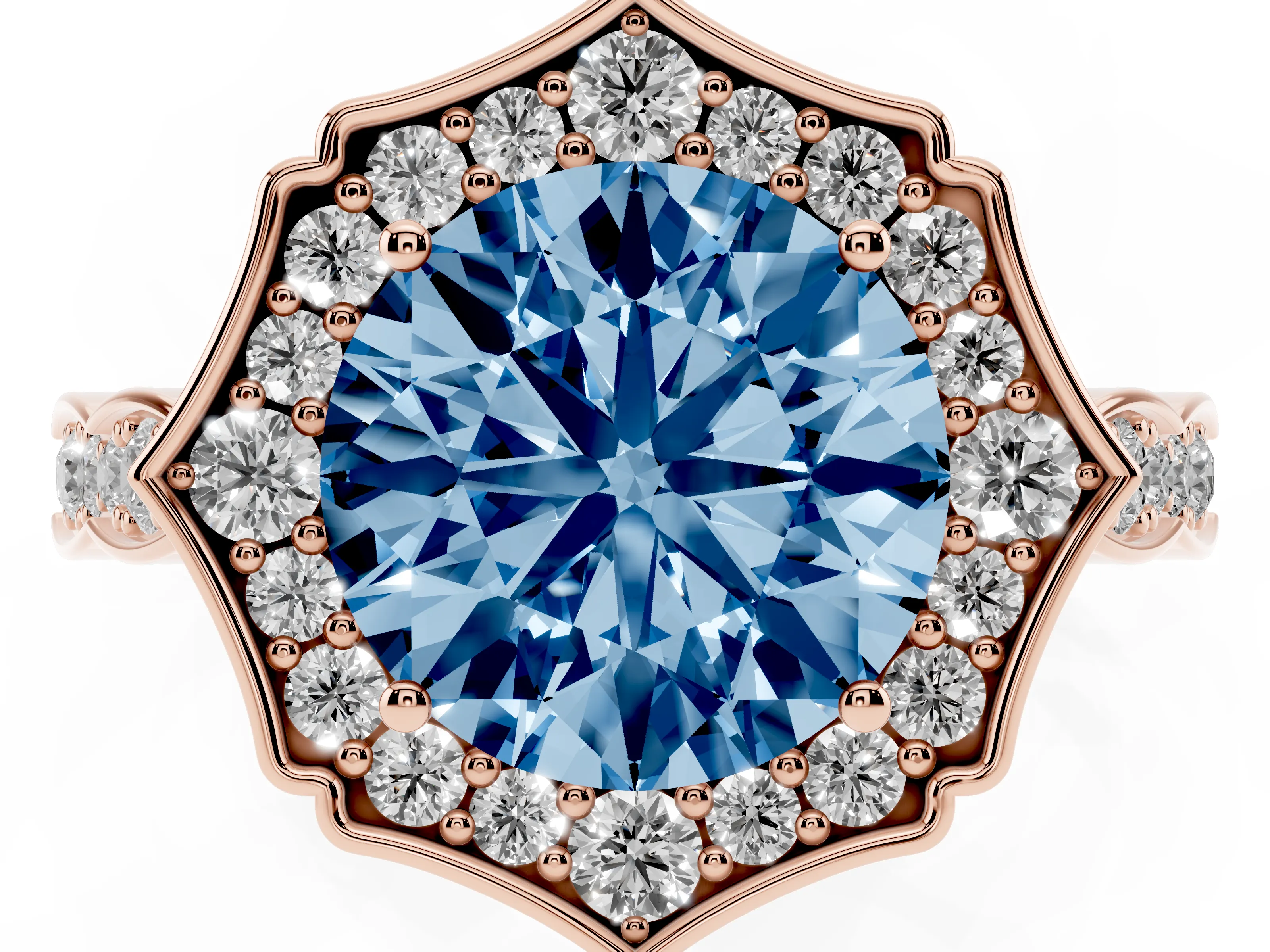 Fancy Blue Round Cut Diamond Halo Engagement Ring Set in Rose gold with Milgrain Band and Prong Setting