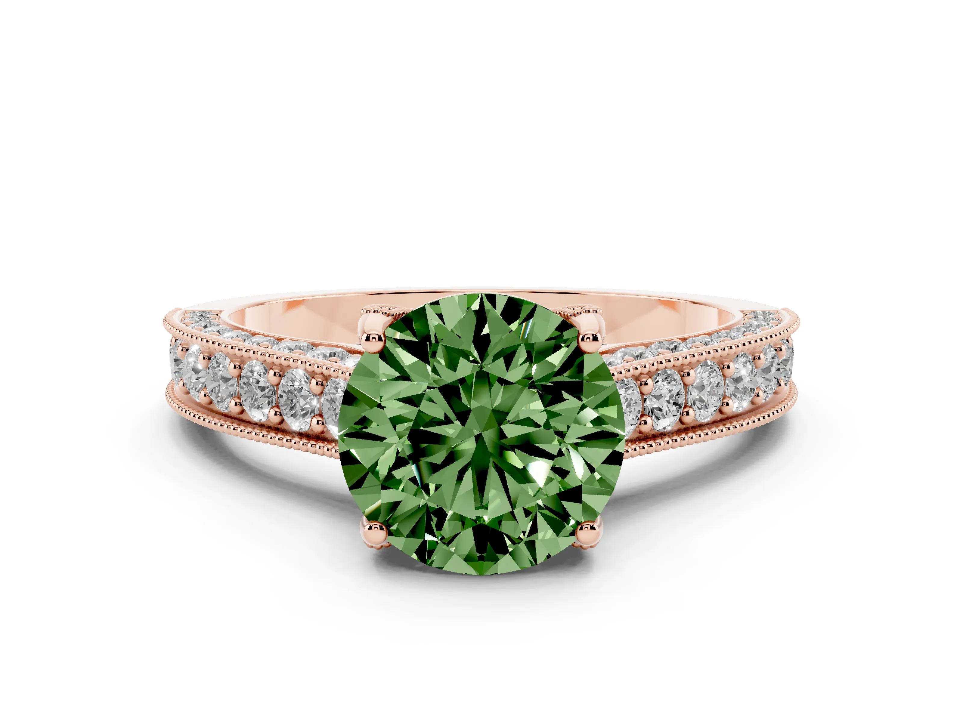 Fancy Green Round Cut Diamond Solitaire Ring Set in Rose gold with Milgrain-Edged Pavé Band and Prong Setting