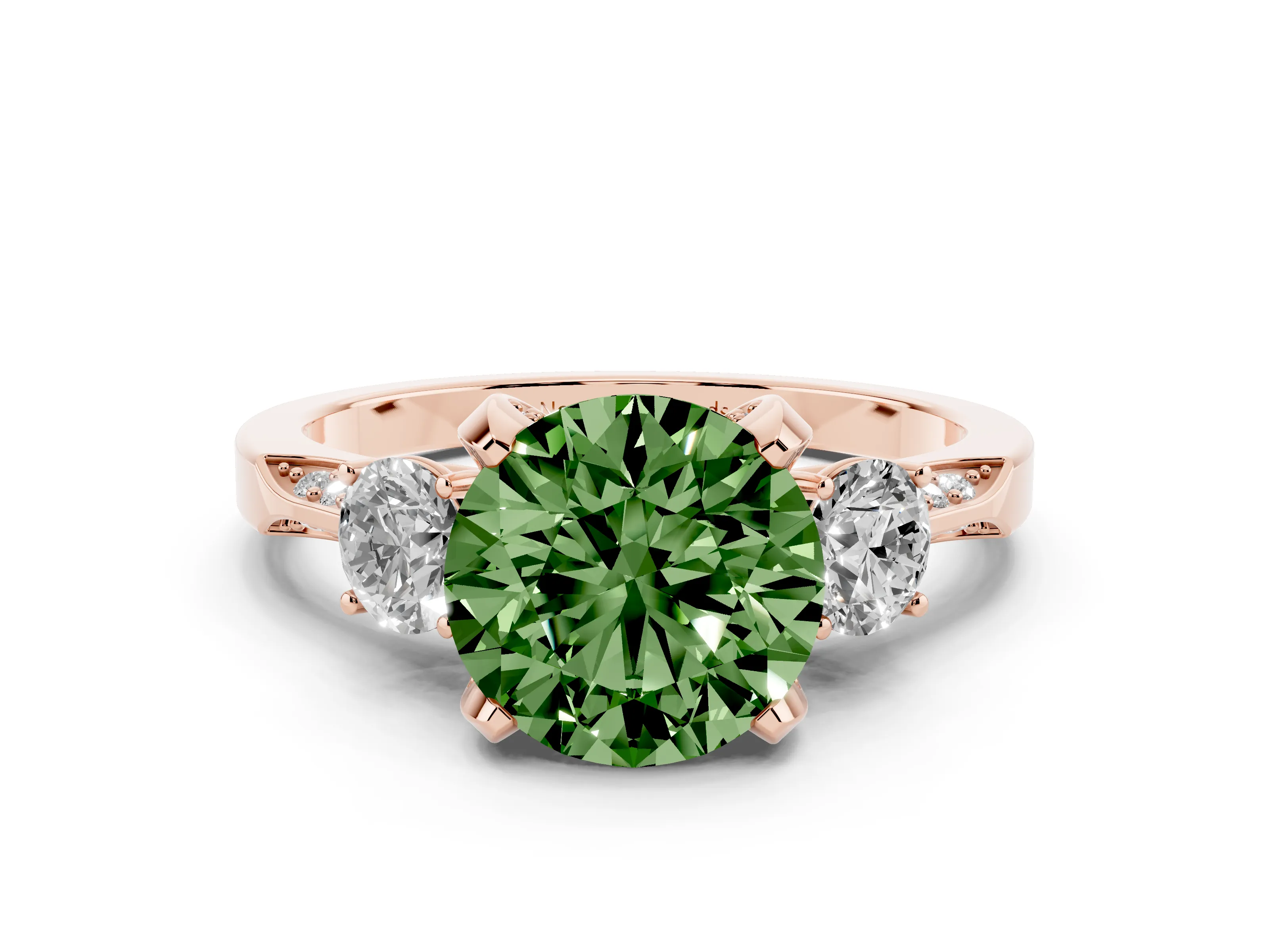 Fancy Green Round Cut Diamond Three-Stone Ring Set in Rose gold with Pavé Band and Smaller Side Stones