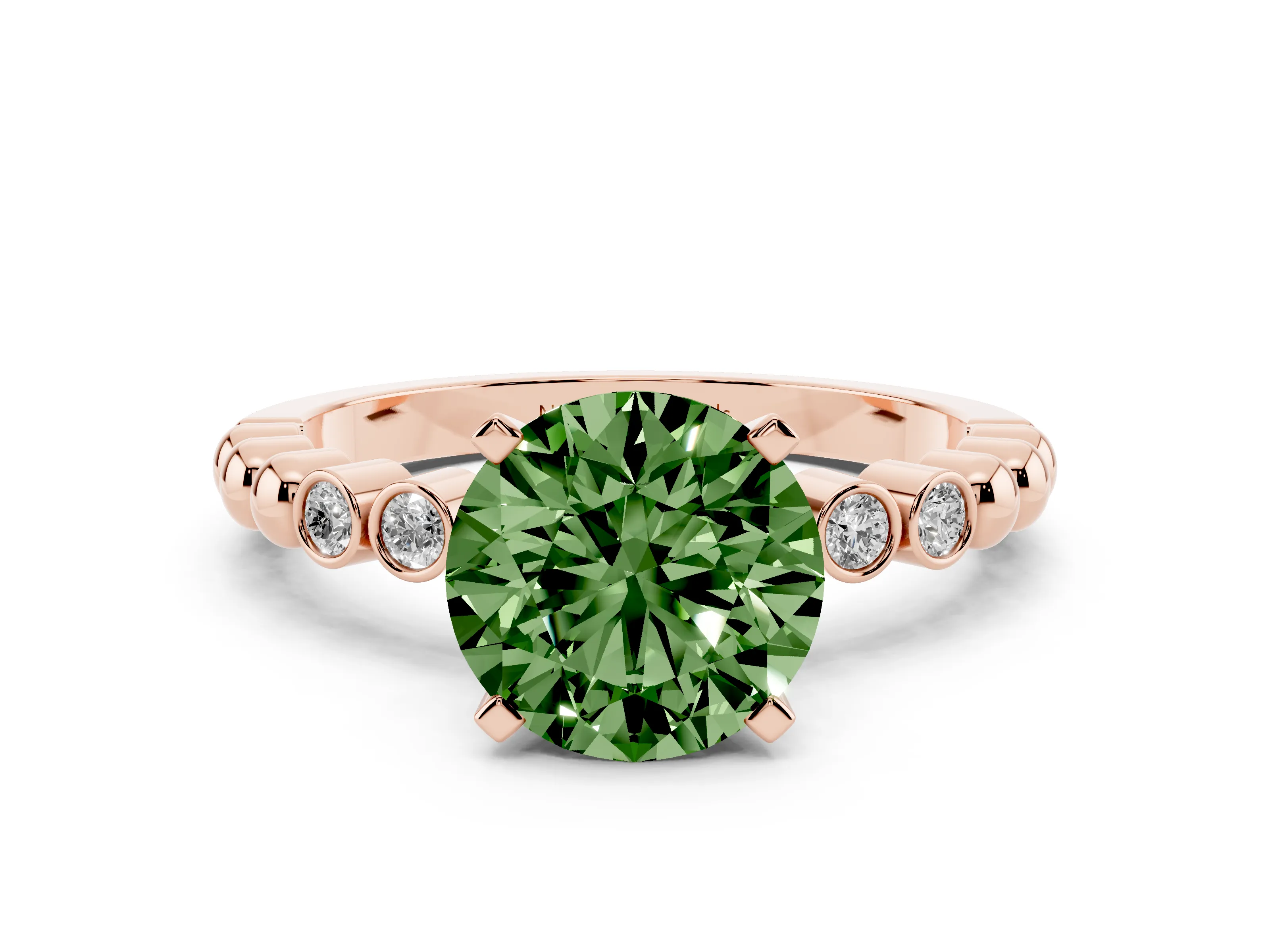 Fancy Green Round Cut Diamond Solitaire Engagement Ring Set in Rose gold with Bezel Accents on Beaded Band
