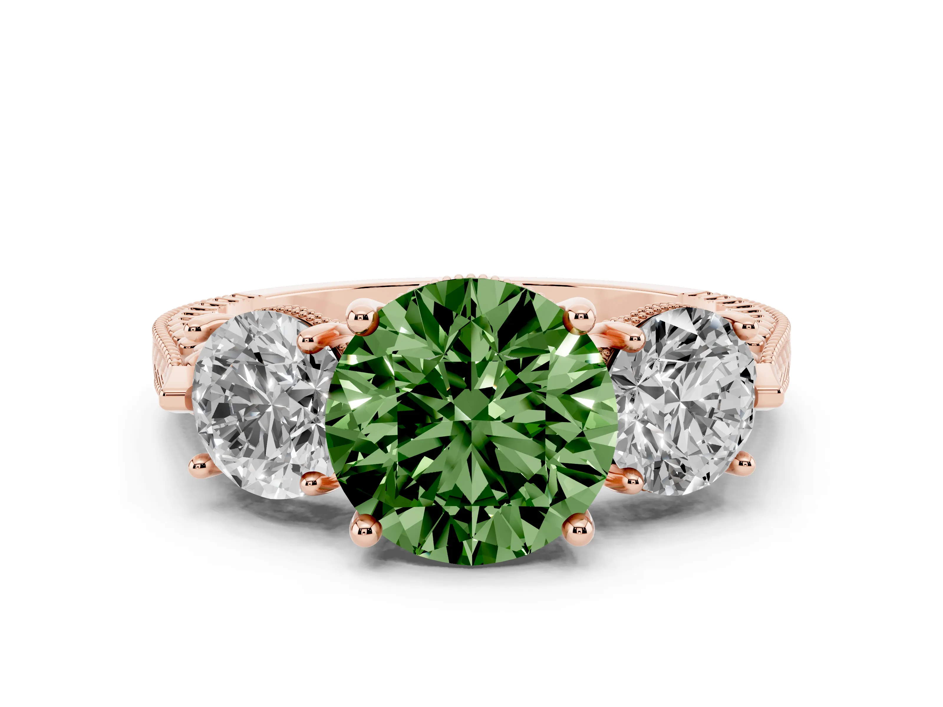 Fancy Green Round Cut Diamond Three-Stone Ring Set in Rose gold with Milgrain Band