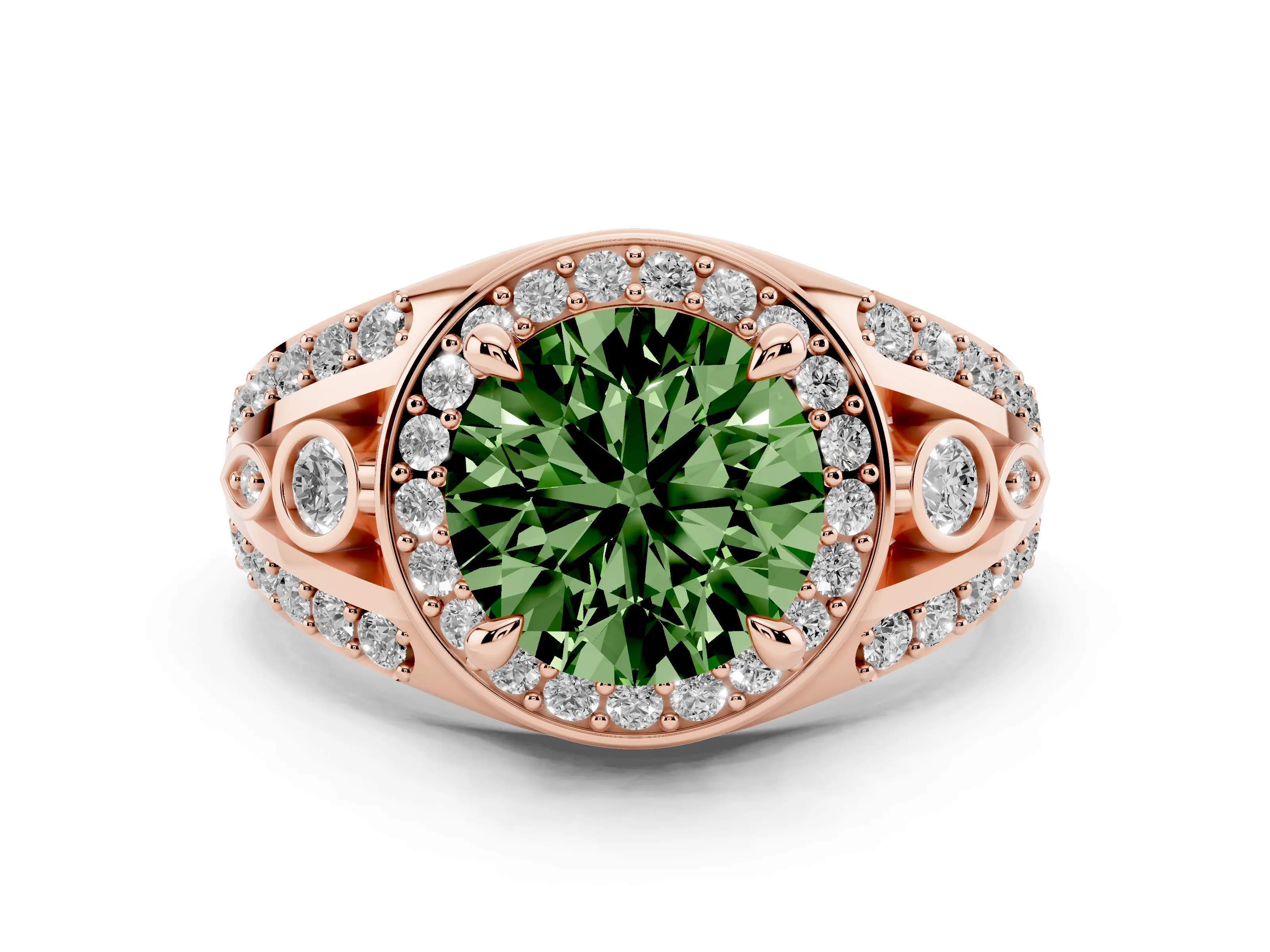 Fancy Green Round Cut Diamond Halo Ring Set in Rose gold with Pavé Split Shank and Bezel Accents