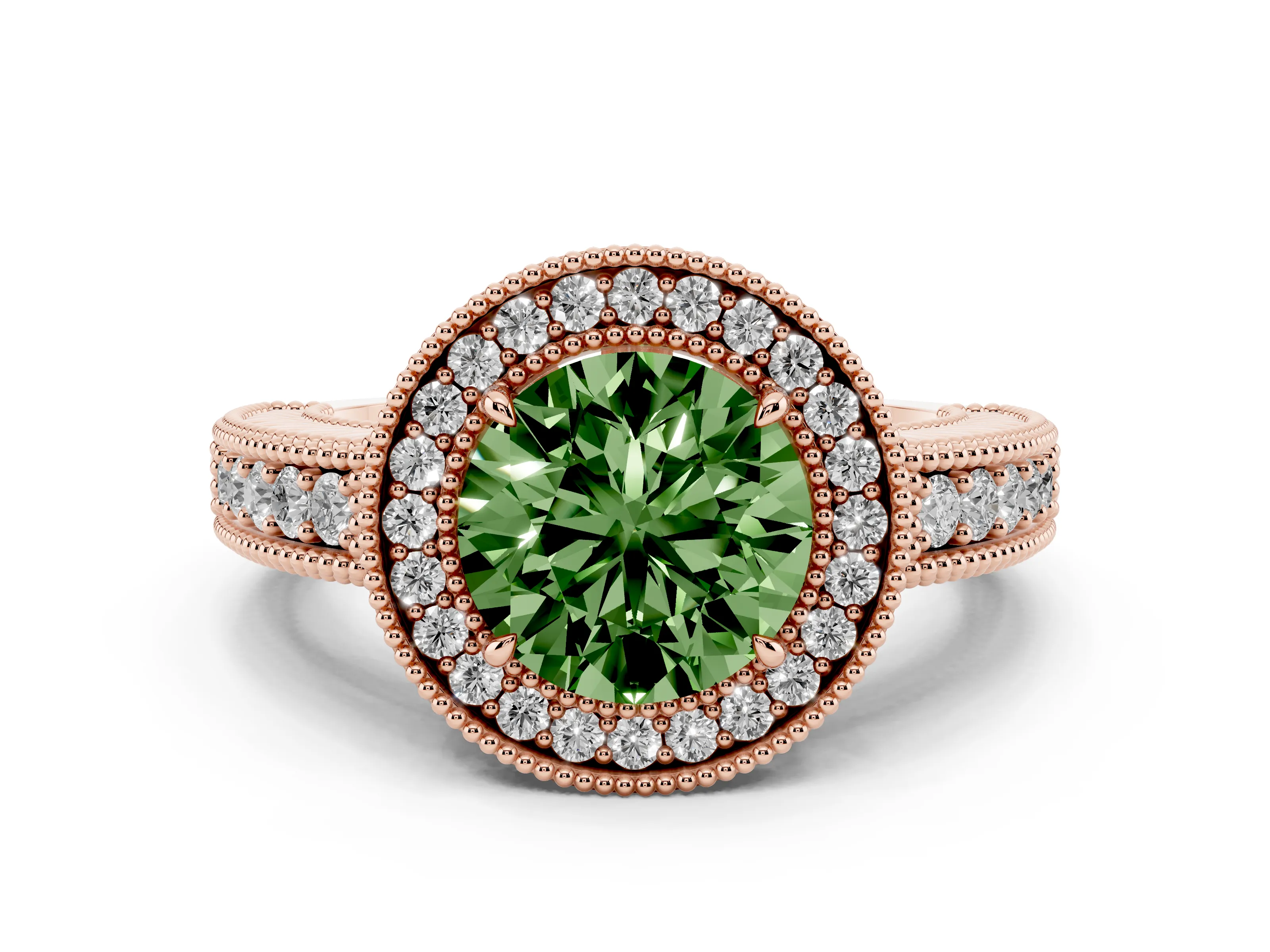 Fancy Green Round Cut Diamond Halo Ring Set in Rose gold with Round Accent Halo, Pavé Band and Prong Setting