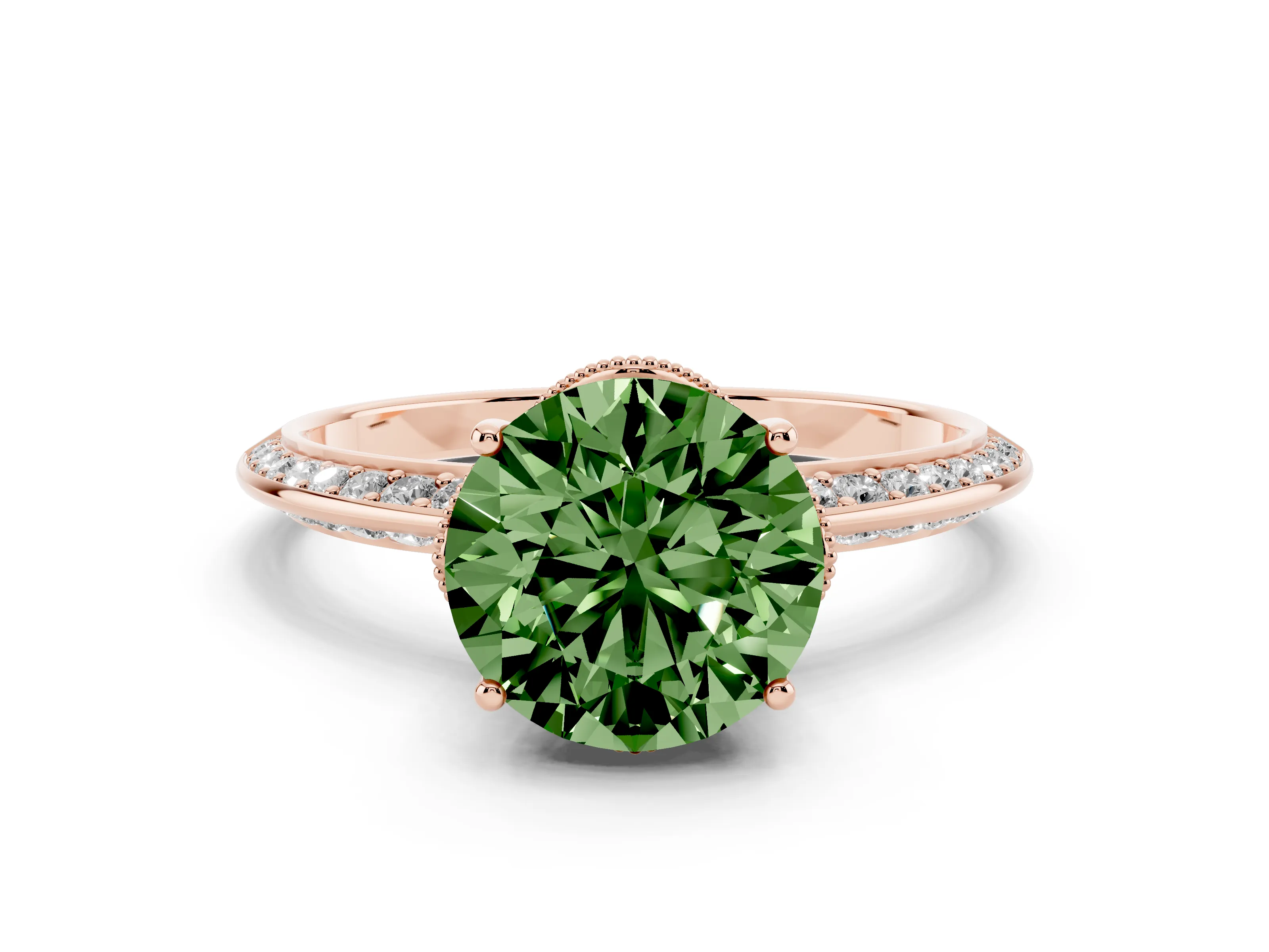 Fancy Green Round Cut Diamond Solitaire Engagement Ring Set in Rose gold with Pavé Split Shank and Prong Setting