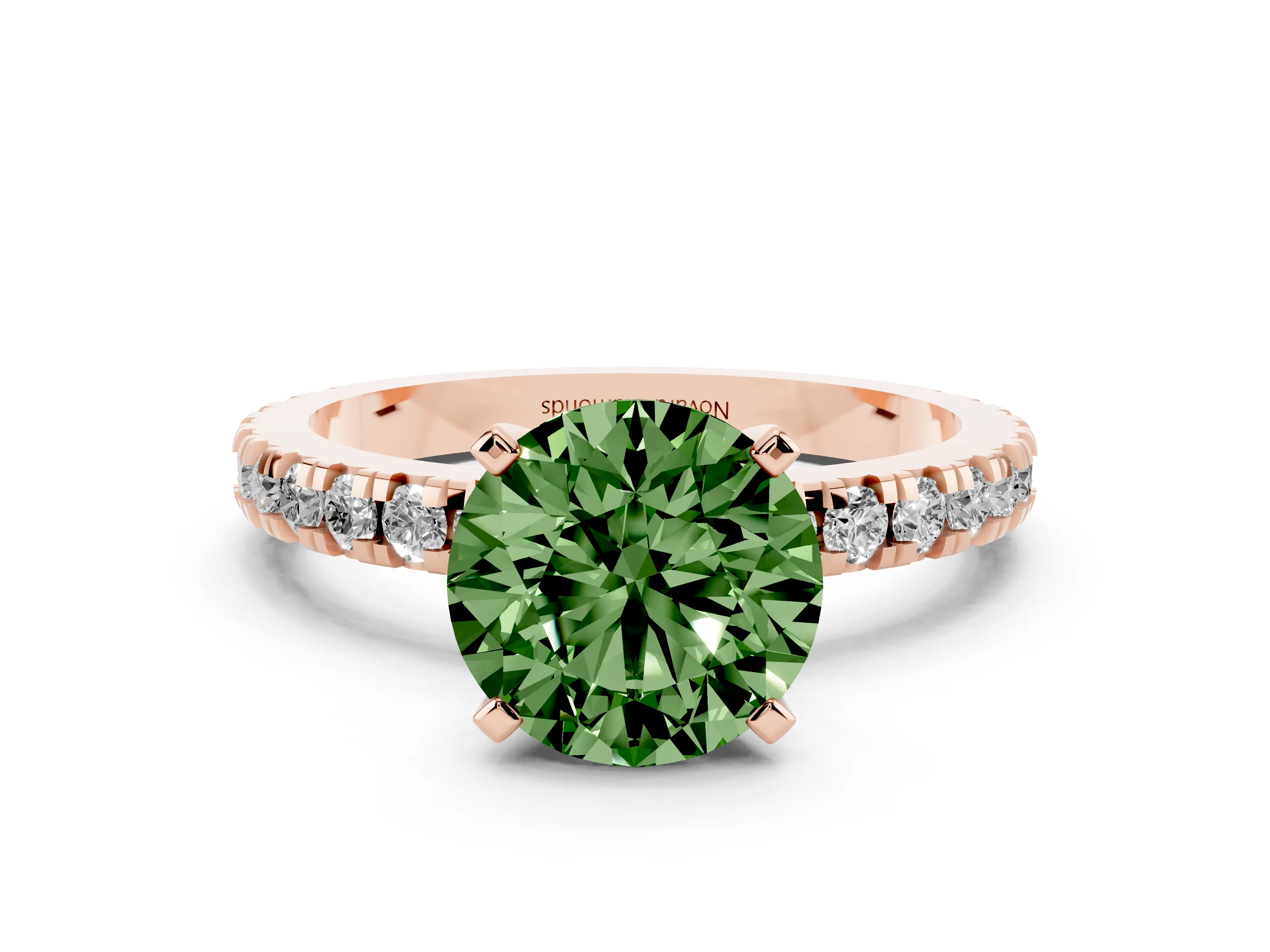 Fancy Green Round Cut Diamond Pavé Band Solitaire Set in Rose gold with Prong Setting