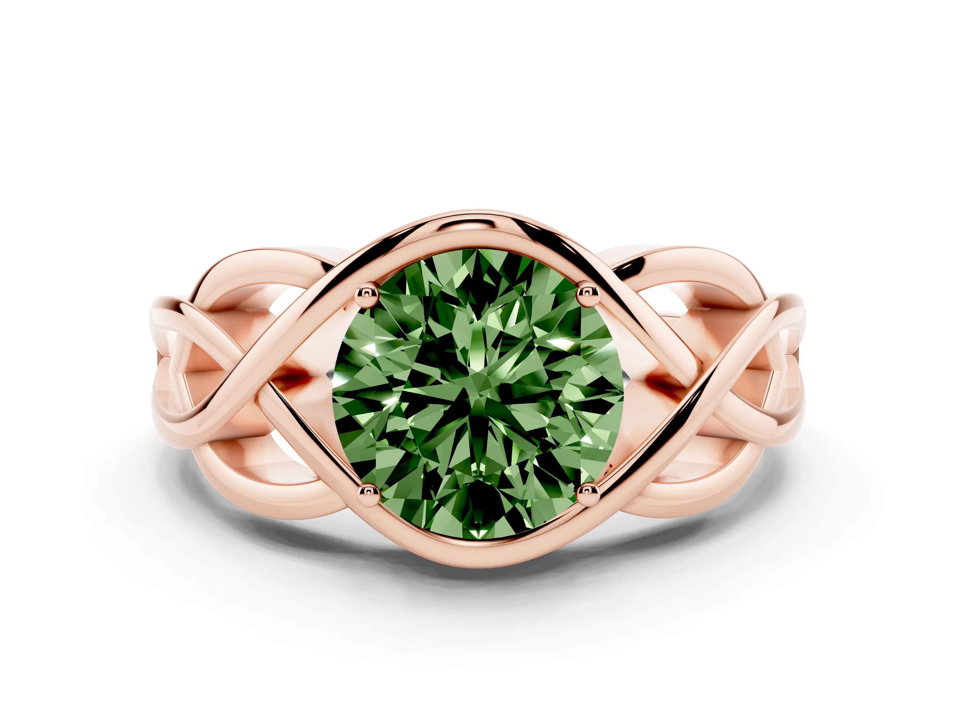 Fancy Green Round Cut Diamond Solitaire Ring Set in Rose gold with Intertwined Band
