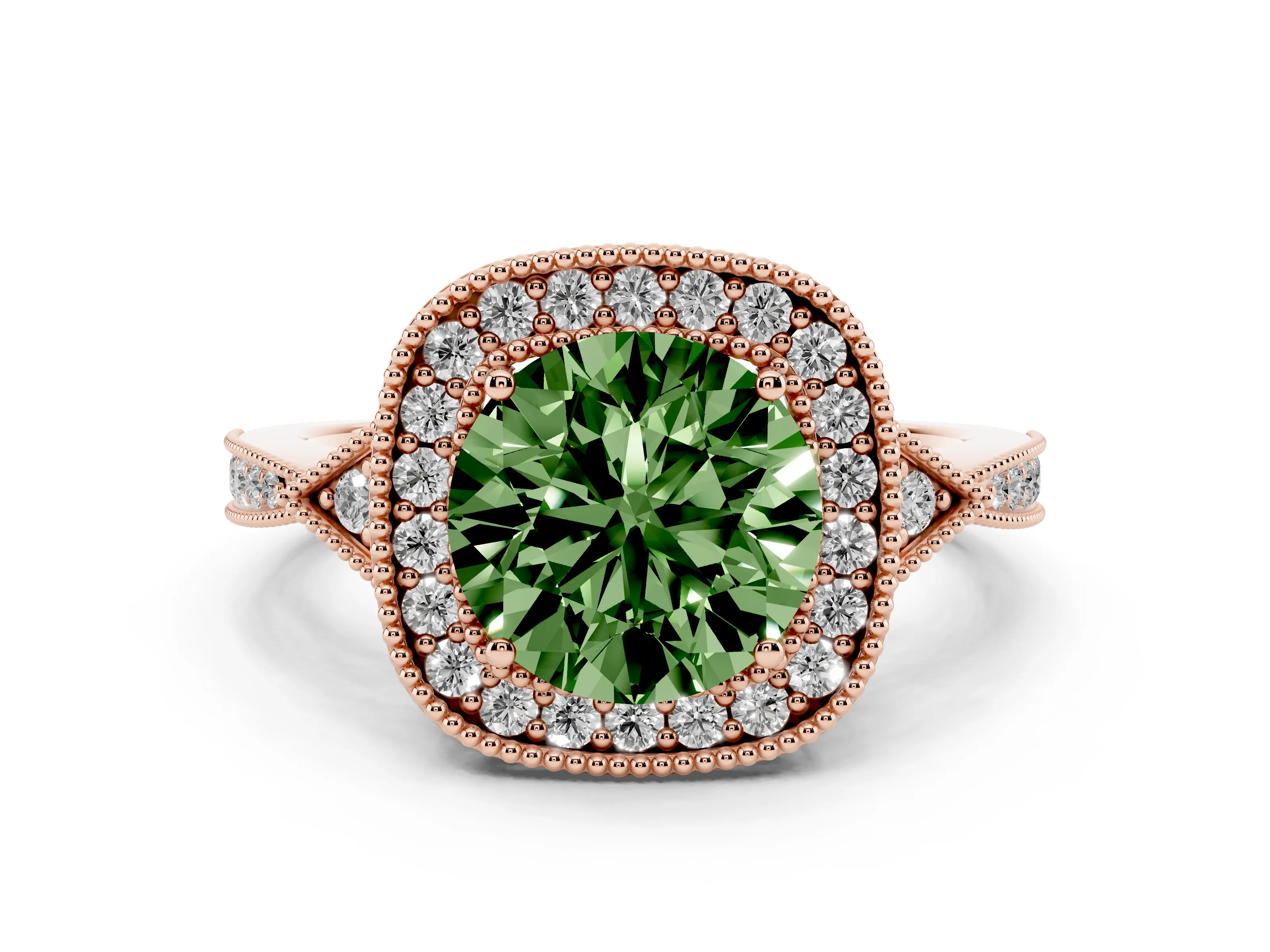 Fancy Green Round Cut Diamond Halo Engagement Ring Set in Rose gold with Milgrain Pavé Band