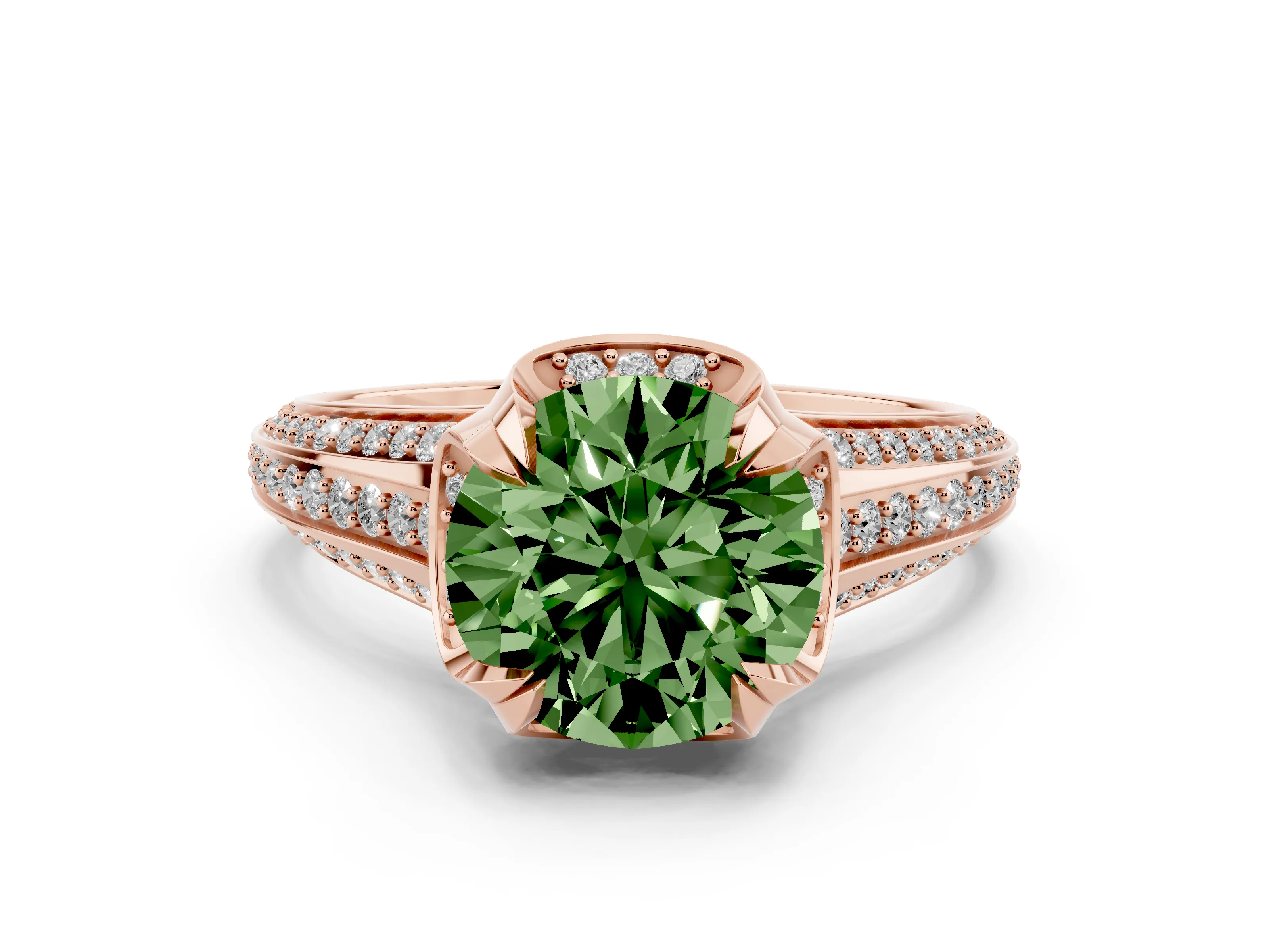 Fancy Green Round Cut Diamond Pavé Split Shank Solitaire Ring Set in Rose gold with Prong Setting