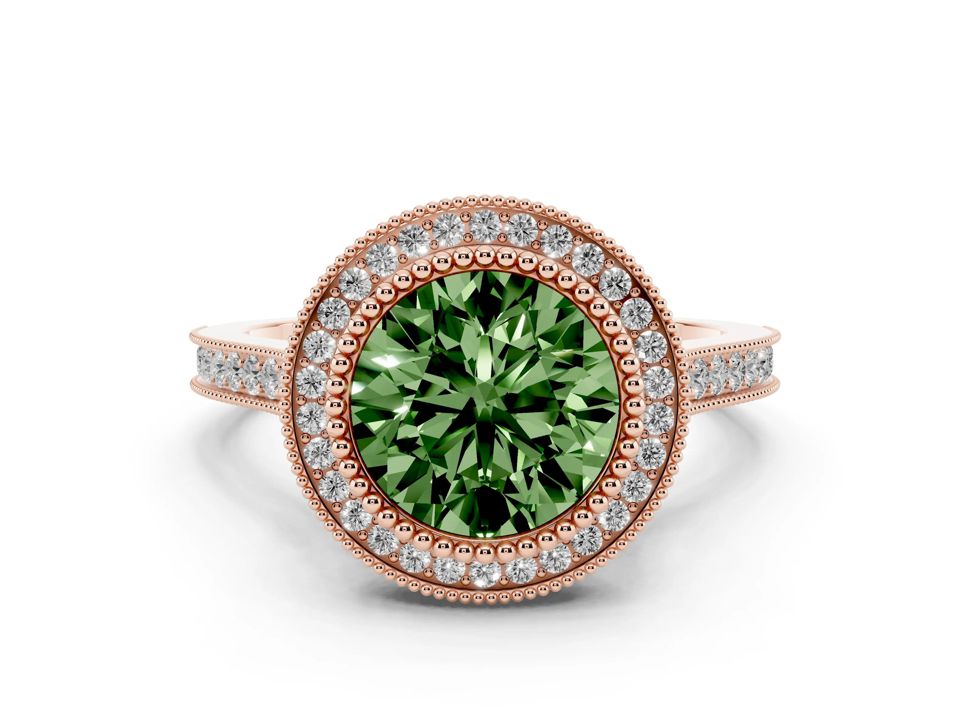 Fancy Green Round Cut Diamond Halo Ring Set in Rose gold with Milgrain Frame and Pavé Band