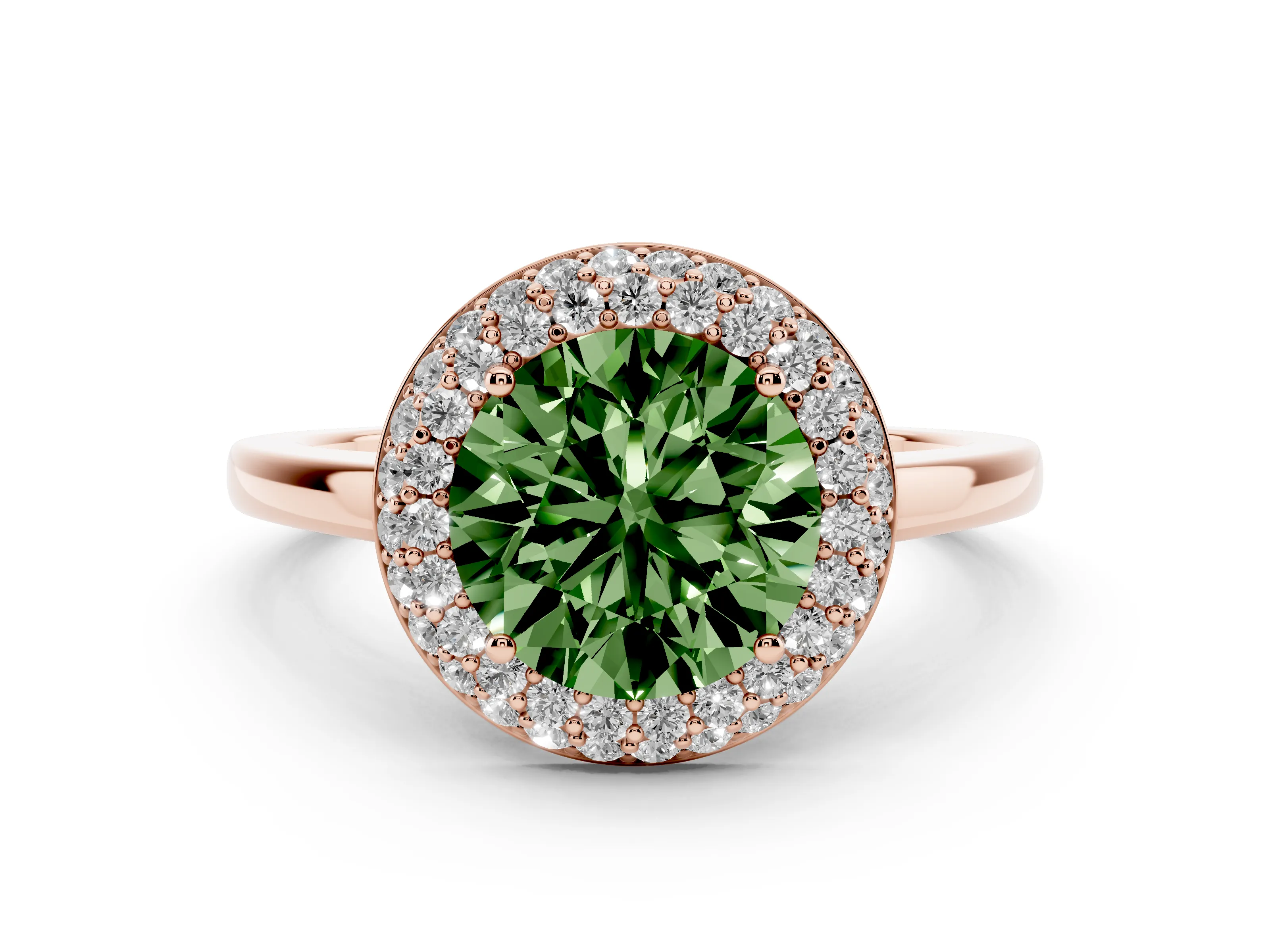 Fancy Green Round Cut Diamond Halo Engagement Ring Set in Rose gold with Solitaire Band and Prong Setting