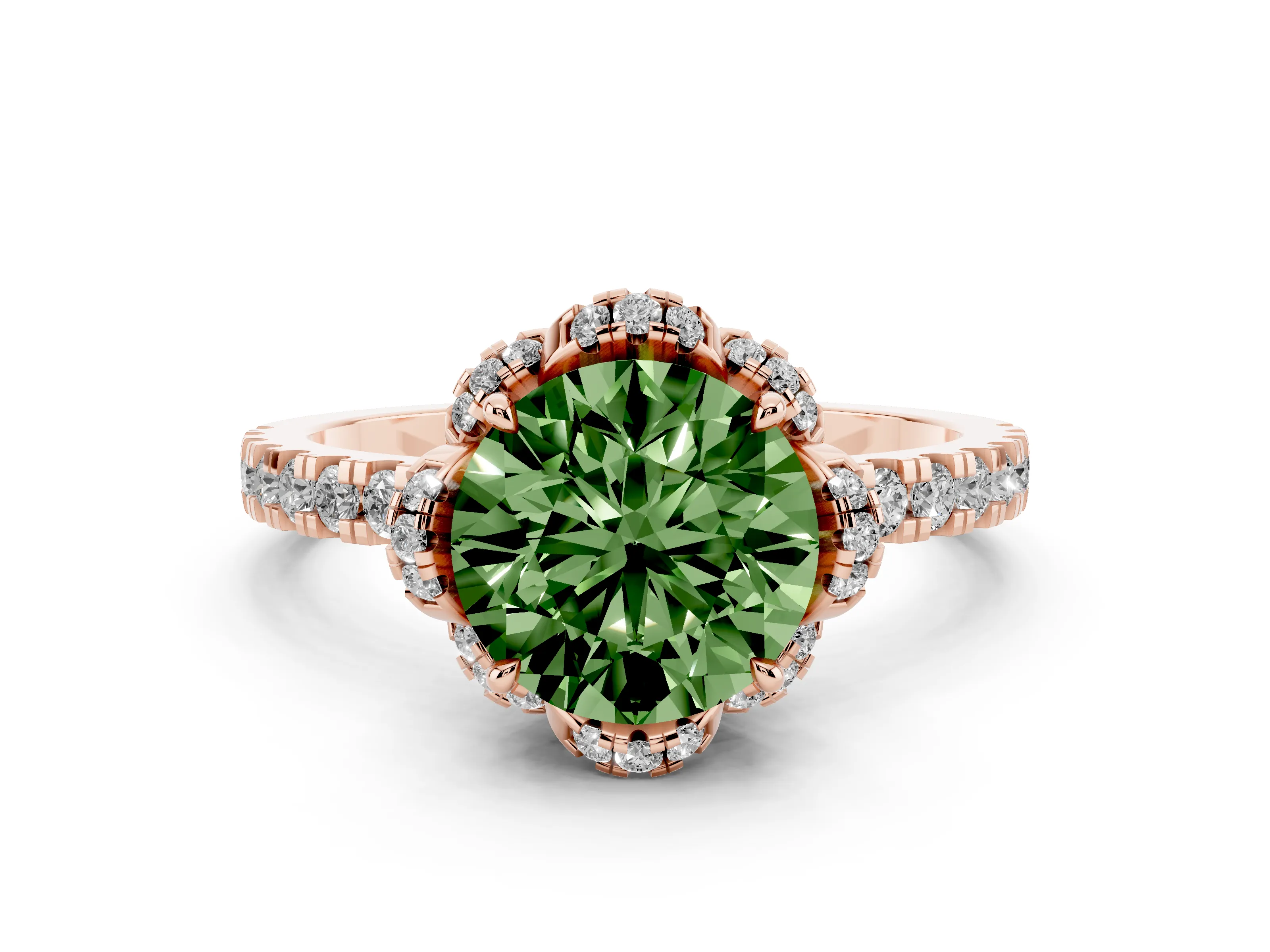 Fancy Green Round Cut Diamond Halo Pavé Band Ring Set in Rose gold with Prong-Held Center