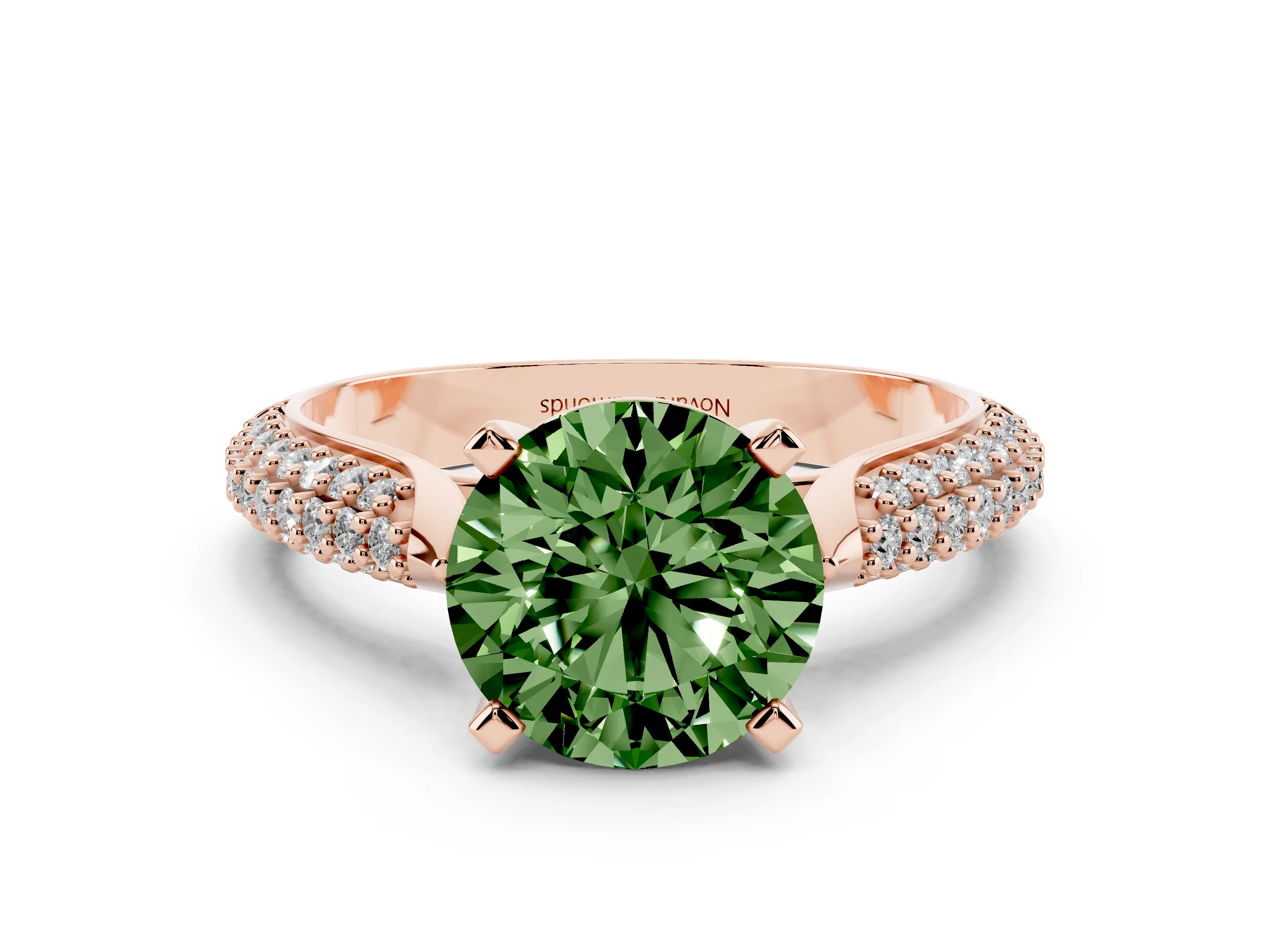 Fancy Green Round Cut Diamond Solitaire Engagement Ring Set in Rose gold with Multi-Row Round Pavé Band and Prong Setting