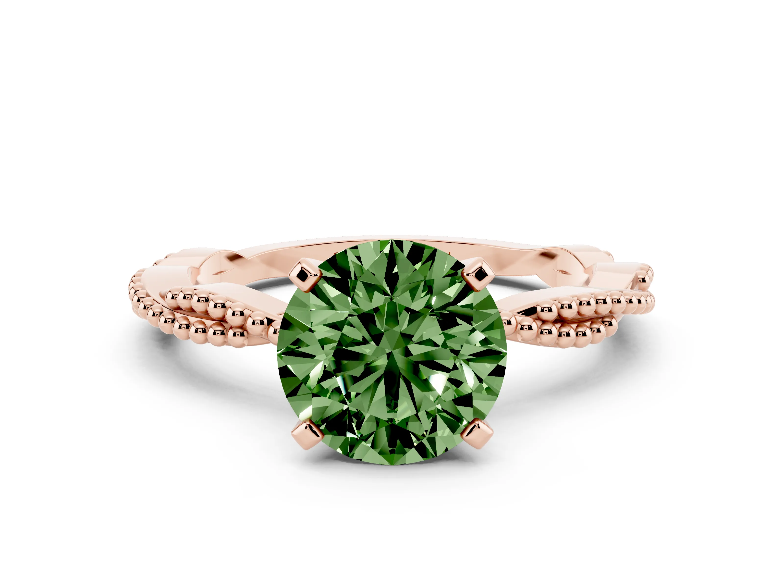 Fancy Green Round Cut Diamond Solitaire Ring Set in Rose gold with Twisted Band and Bead Prong Setting