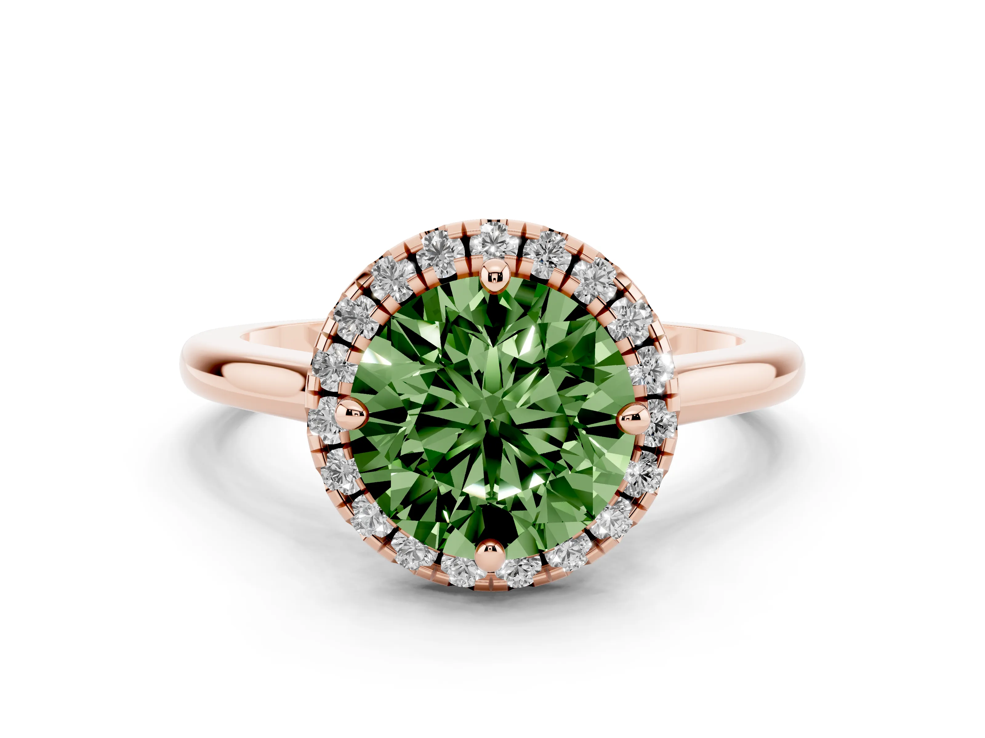 Fancy Green Round Cut Diamond Halo Engagement Ring Set in Rose gold with Pavé Band and Rising Shoulders