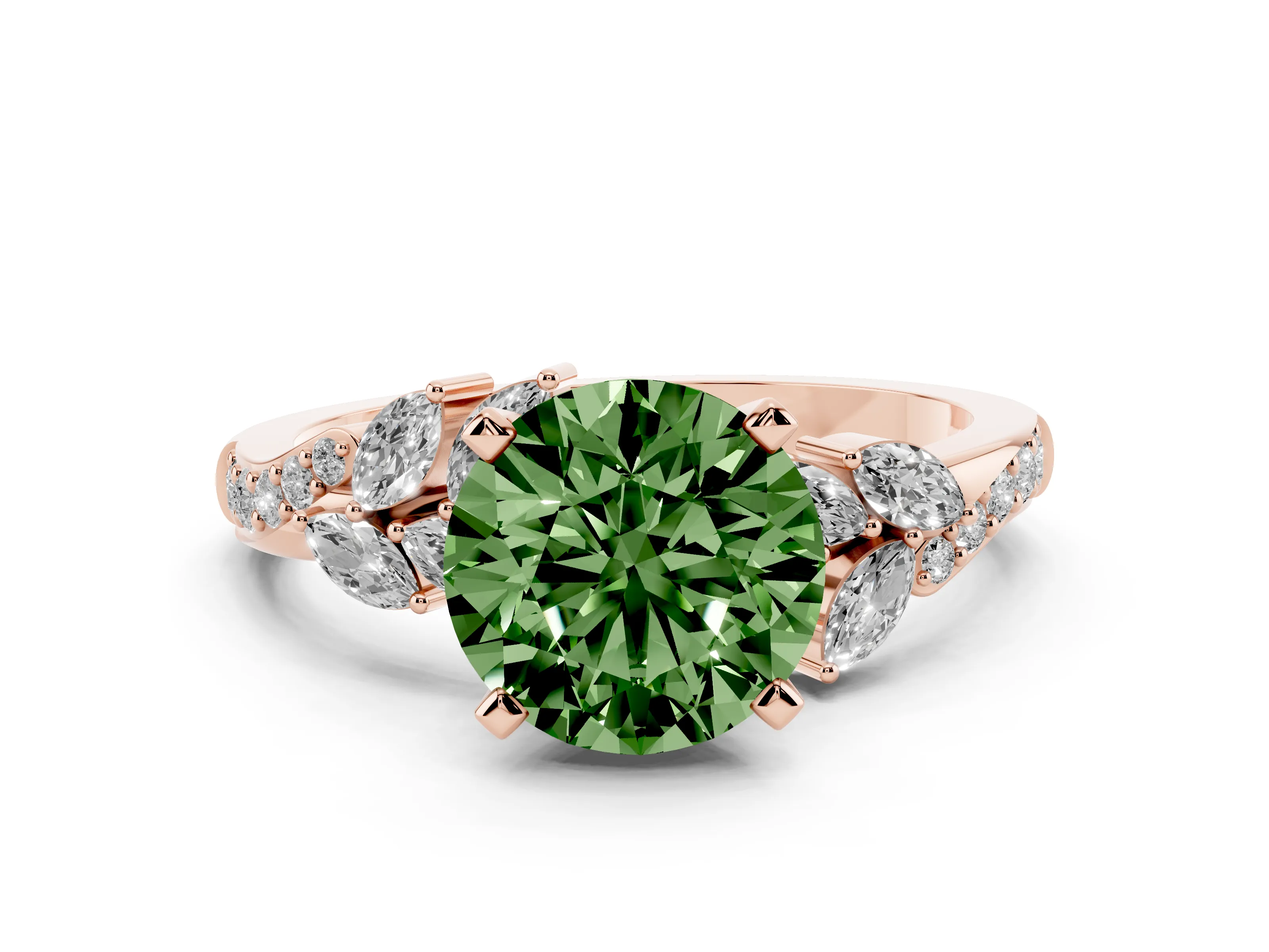 Fancy Green Round Cut Diamond Solitaire Ring Set in Rose gold with Marquise Twist Band and Prong Setting