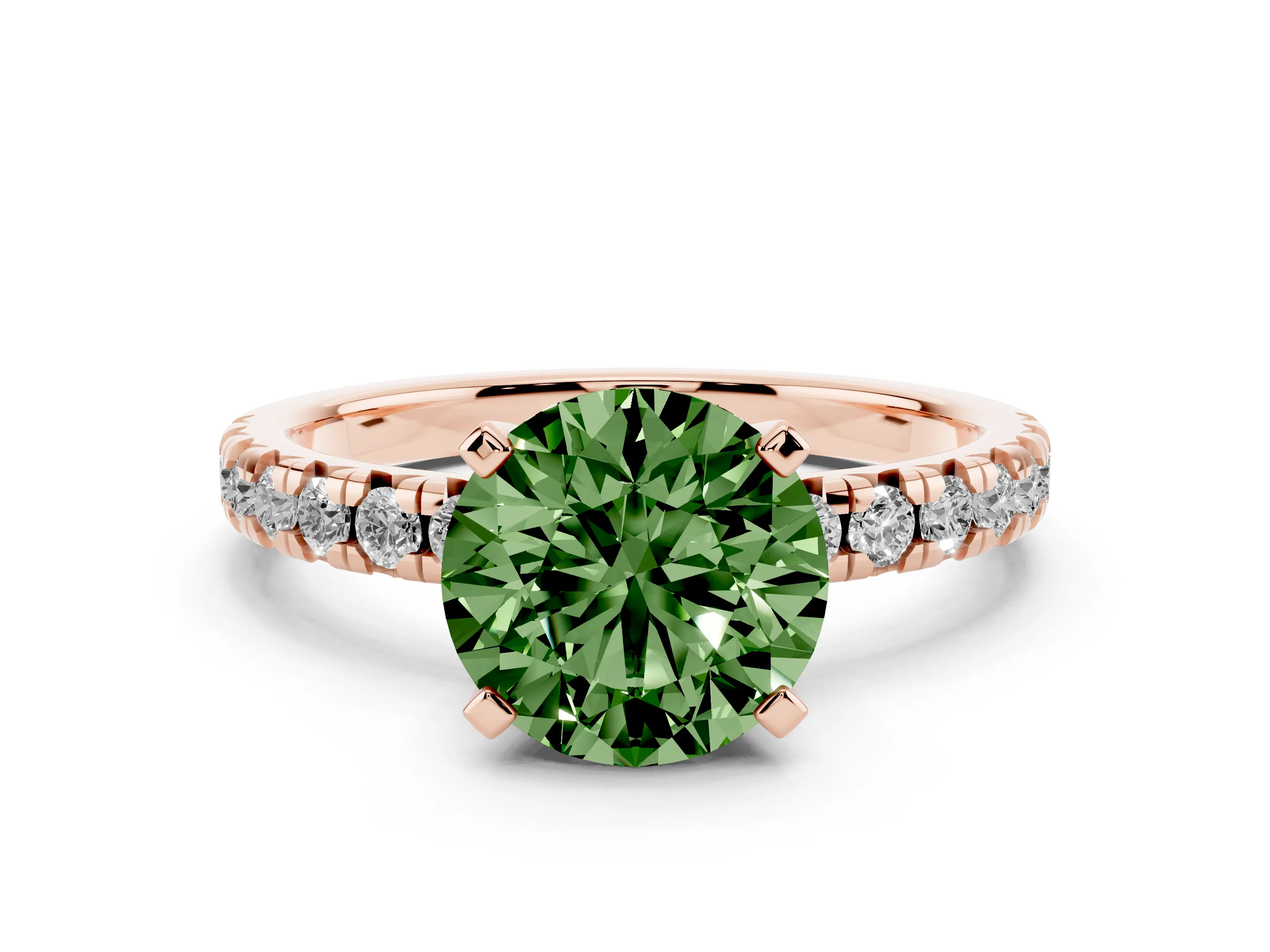 Fancy Green Round Cut Diamond Solitaire Pavé Engagement Ring Set in Rose gold with Round Band and Prong Setting