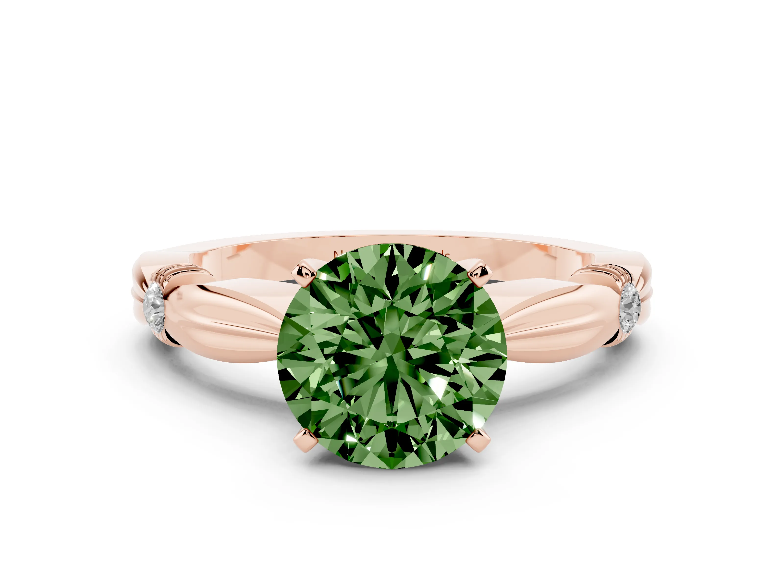 Fancy Green Round Cut Diamond Solitaire Twisted Band Ring Set in Rose gold with Accent Stones and Prong Setting
