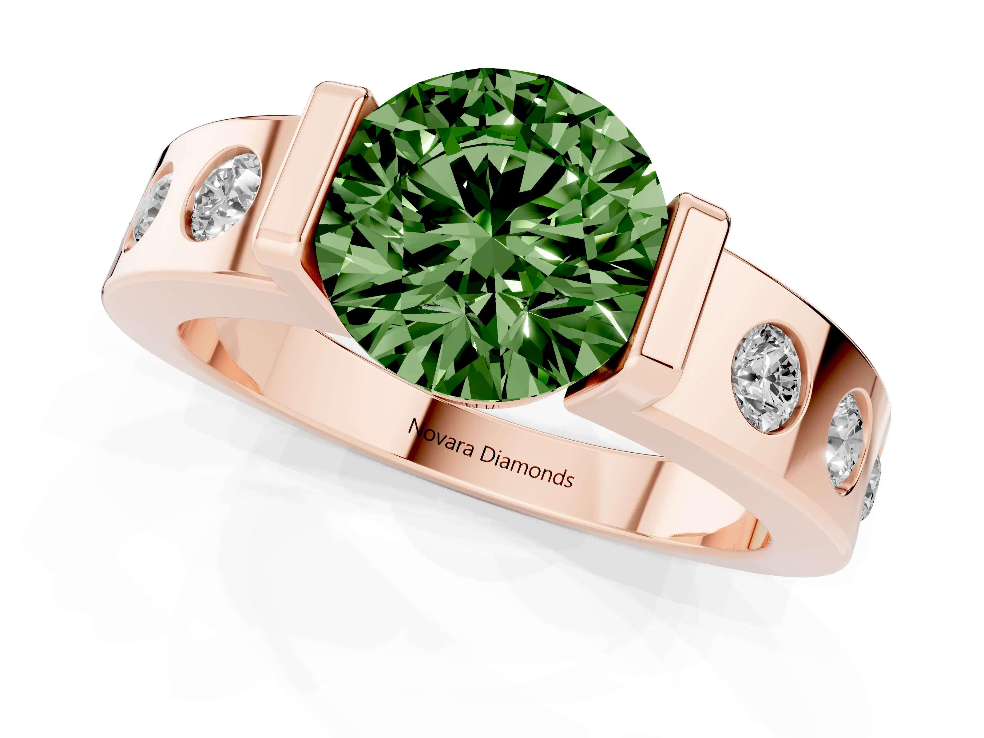 Fancy Green Round Cut Diamond Channel-Set Band Ring Set in Rose gold with Bezel Prong Setting