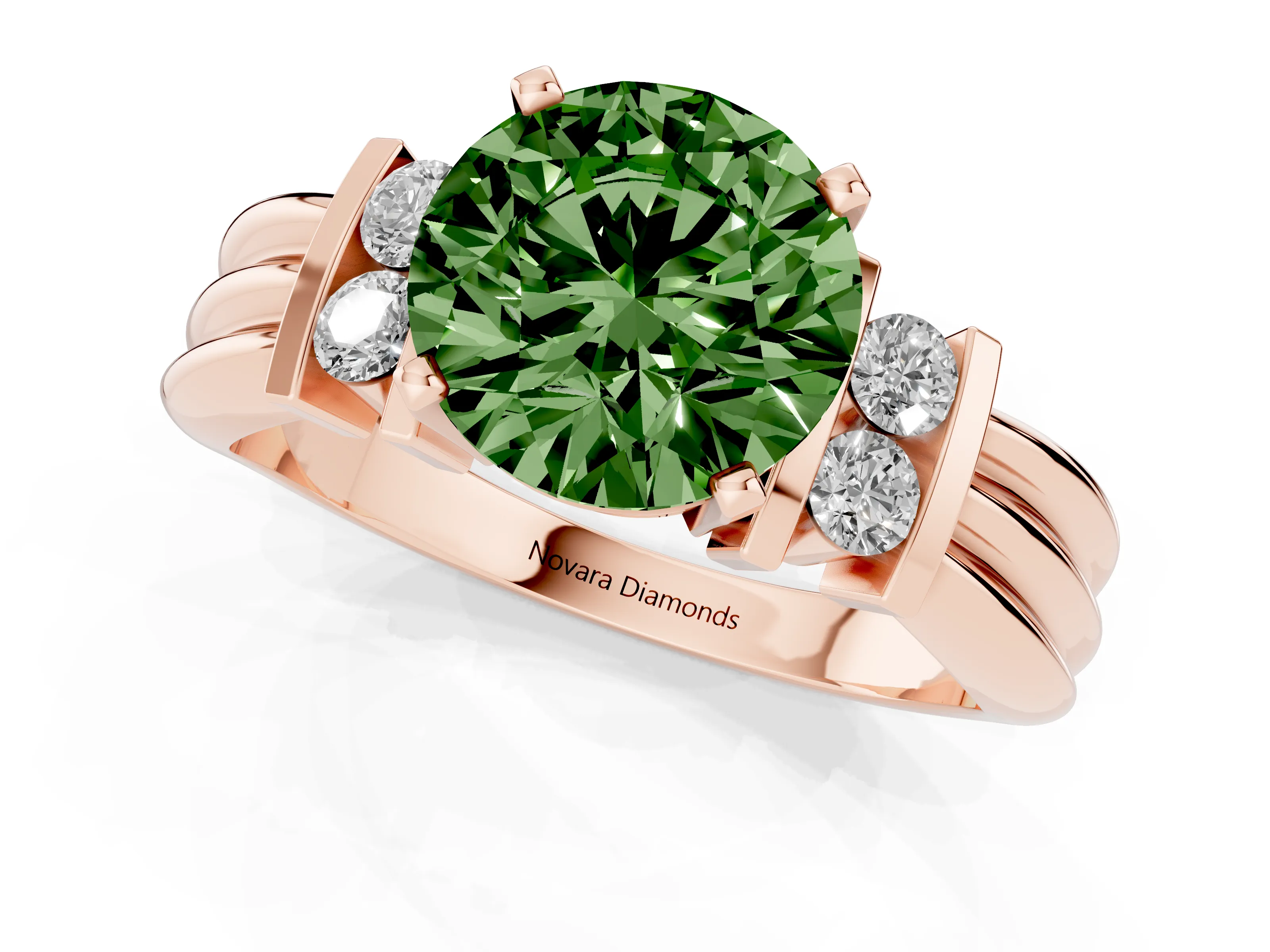 Fancy Green Three-Stone Round Cut Diamond Channel Set Ring Set in Rose gold with Bar Prongs