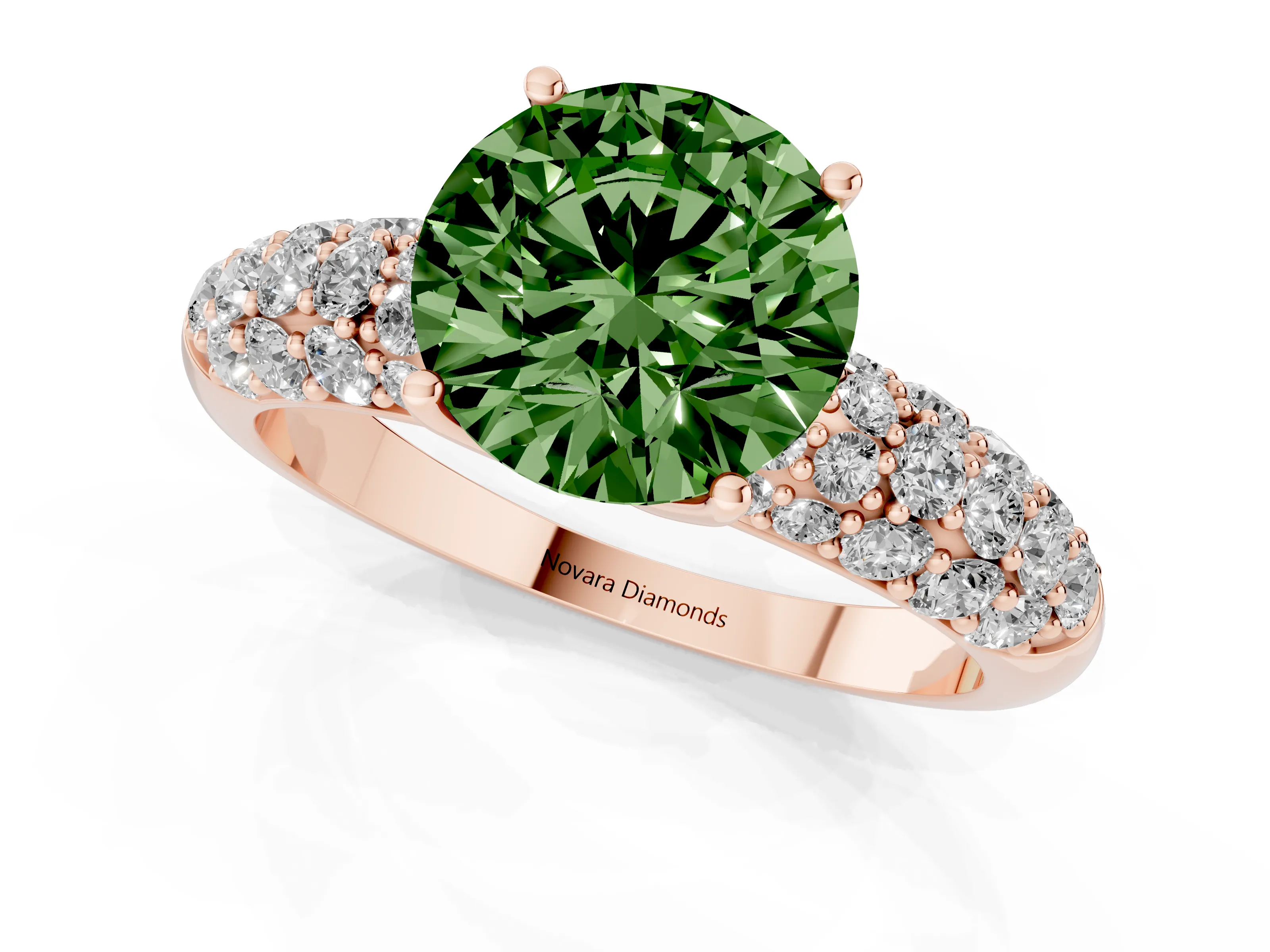 Fancy Green Round Cut Diamond Pavé Band Solitaire Ring Set in Rose gold with Close-Set Accent Stones and Prong Setting