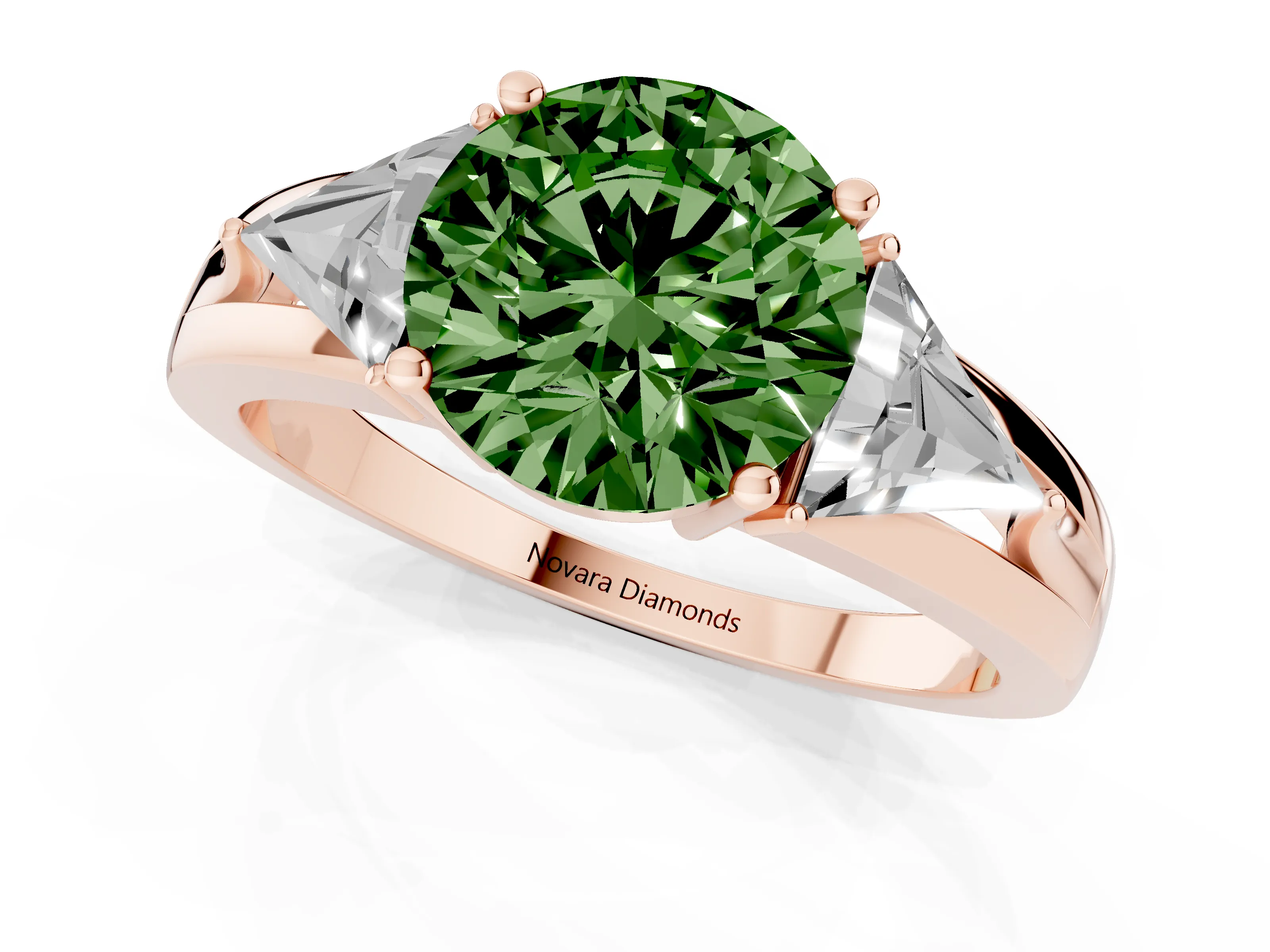 Fancy Green Round Cut Diamond Three-Stone Ring Set in Rose gold with Trillion Side Stones and Split Shank