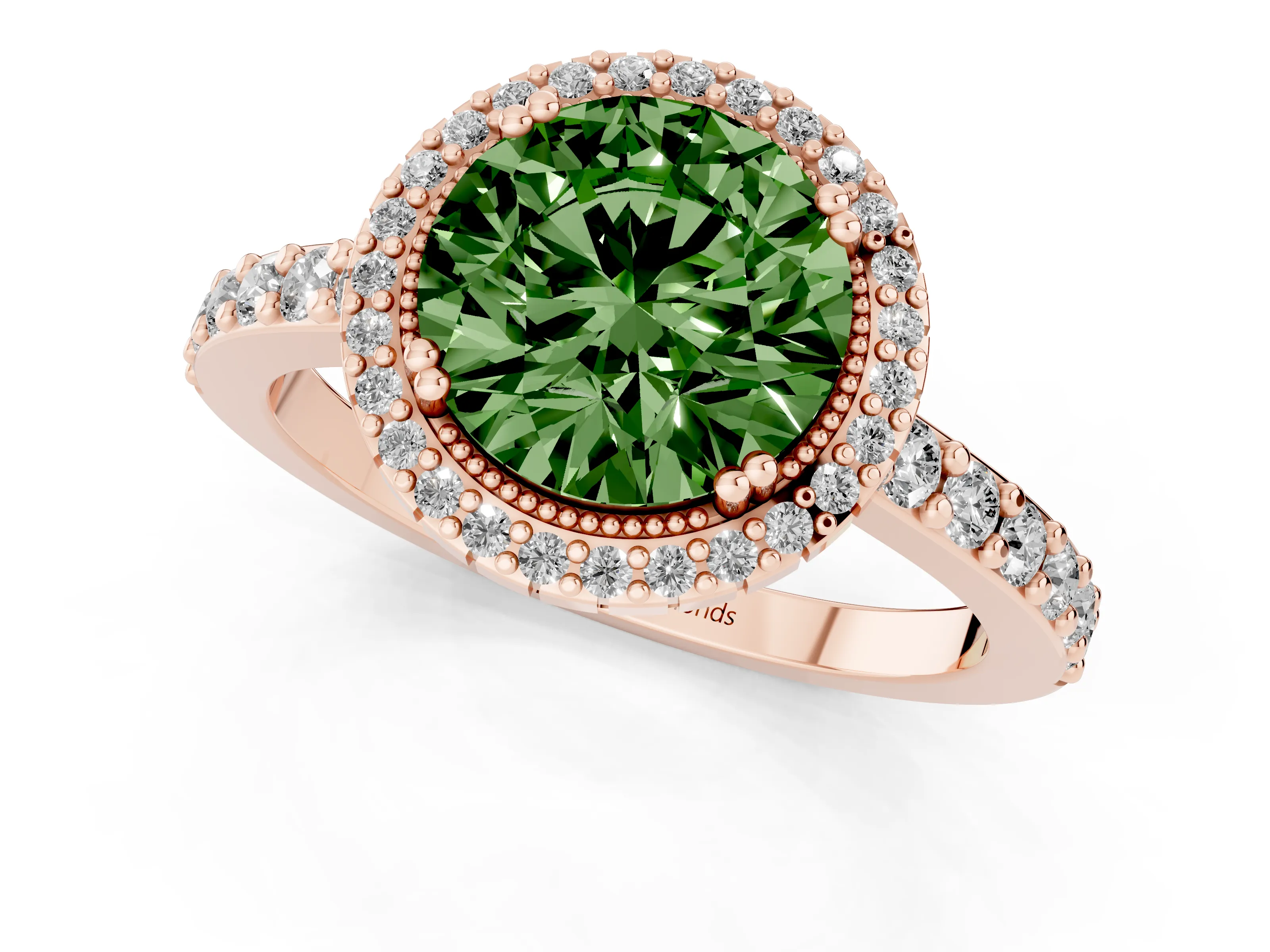 Fancy Green Round Cut Diamond Halo Engagement Ring Set in Rose gold with Milgrain Detail and Pavé Band