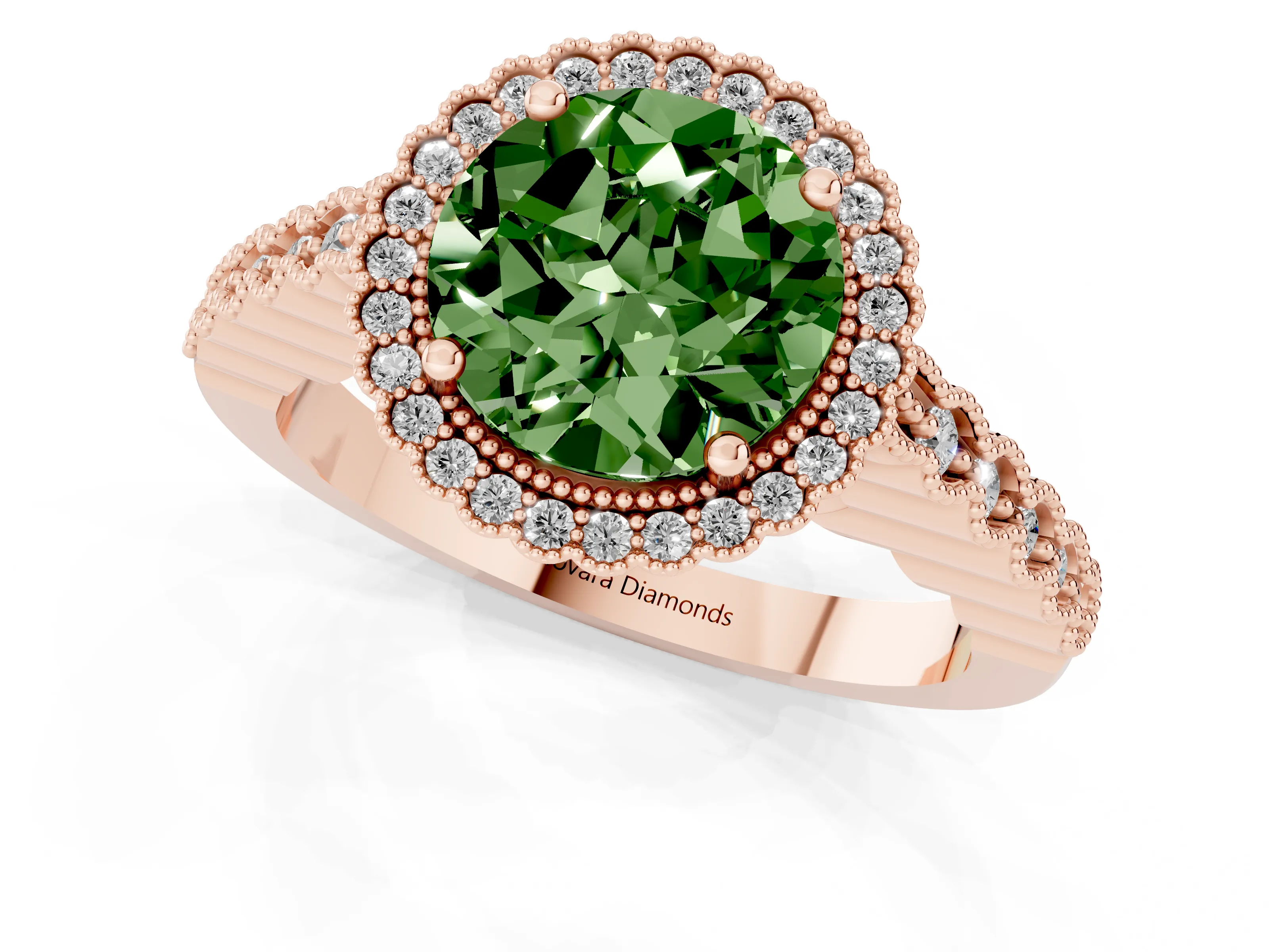 Fancy Green Round Cut Diamond Halo Ring Set in Rose gold with Pavé Milgrain Band