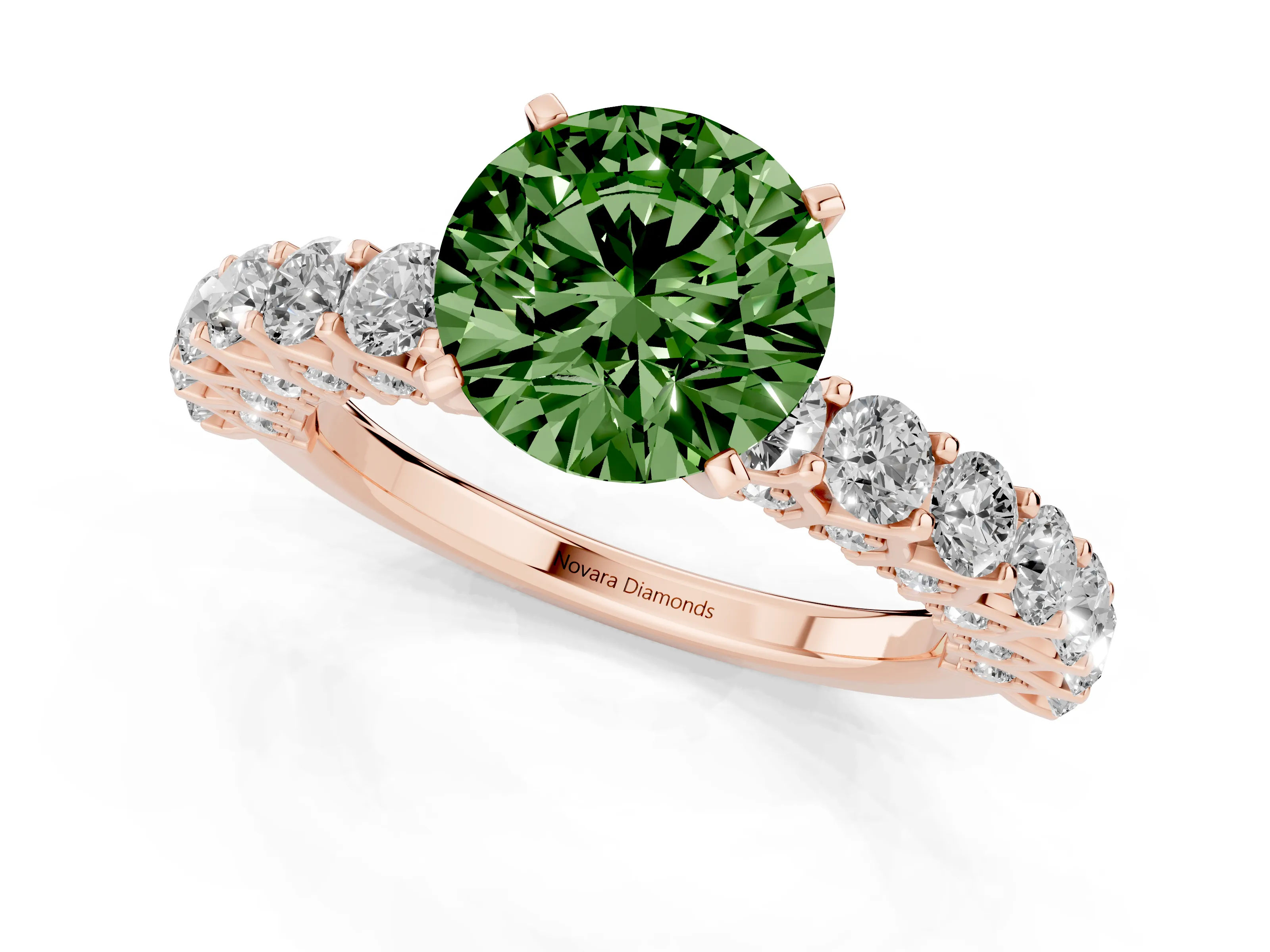 Fancy Green Round Cut Diamond Solitaire Ring Set in Rose gold with Shared Prong Pavé Band