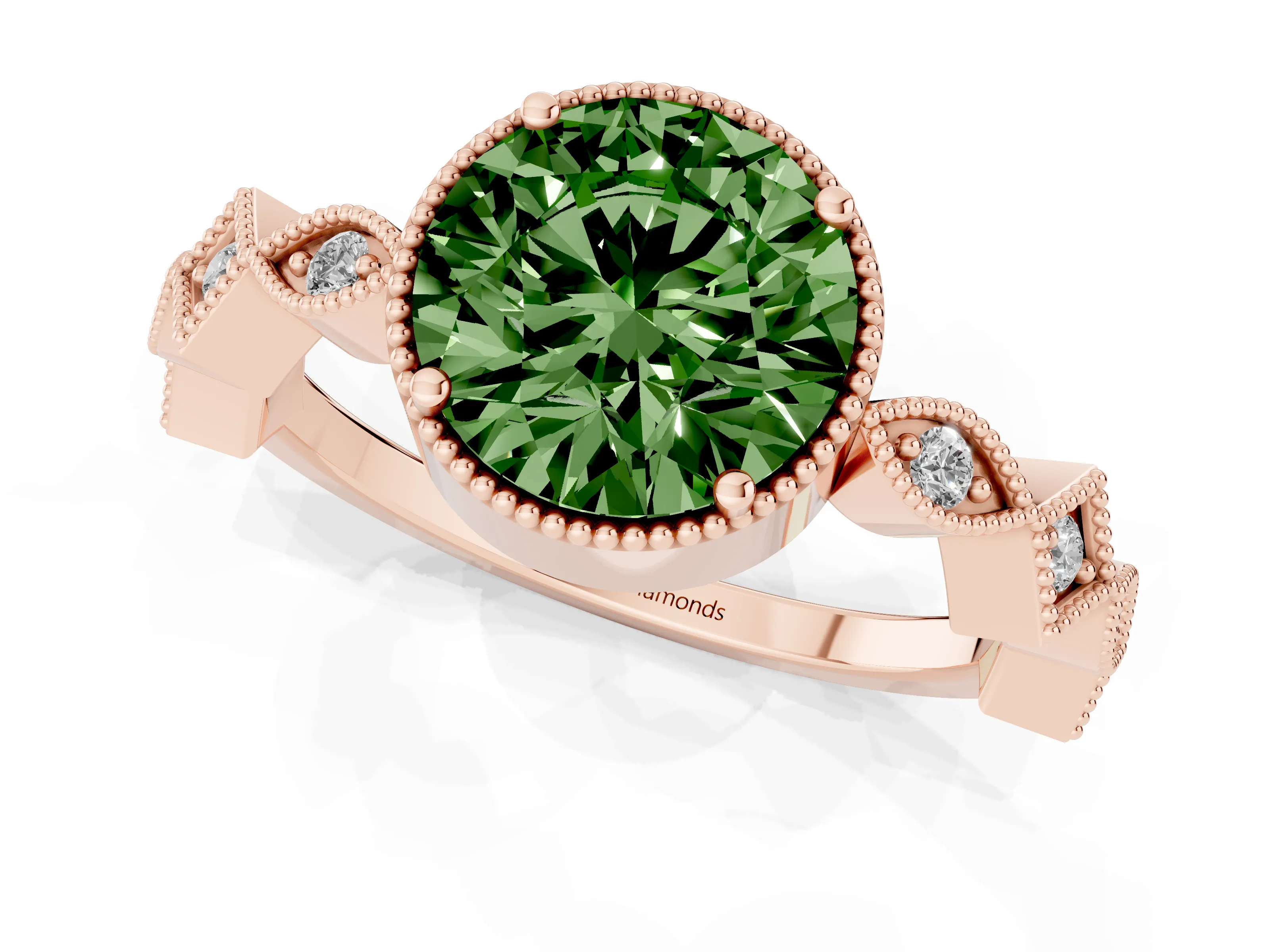 Fancy Green Round Cut Diamond Milgrain Marquise Twist Band Ring Set in Rose gold with Prong Setting